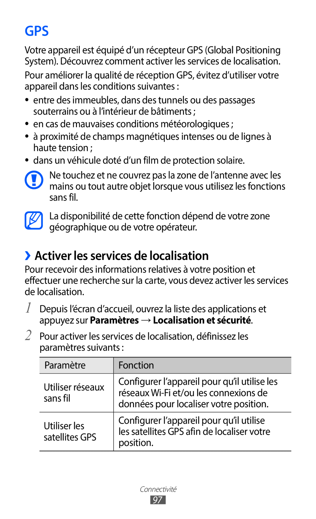 Samsung GT-S6102SKAXEF, GT-S6102UWAXEF manual ››Activer les services de localisation 