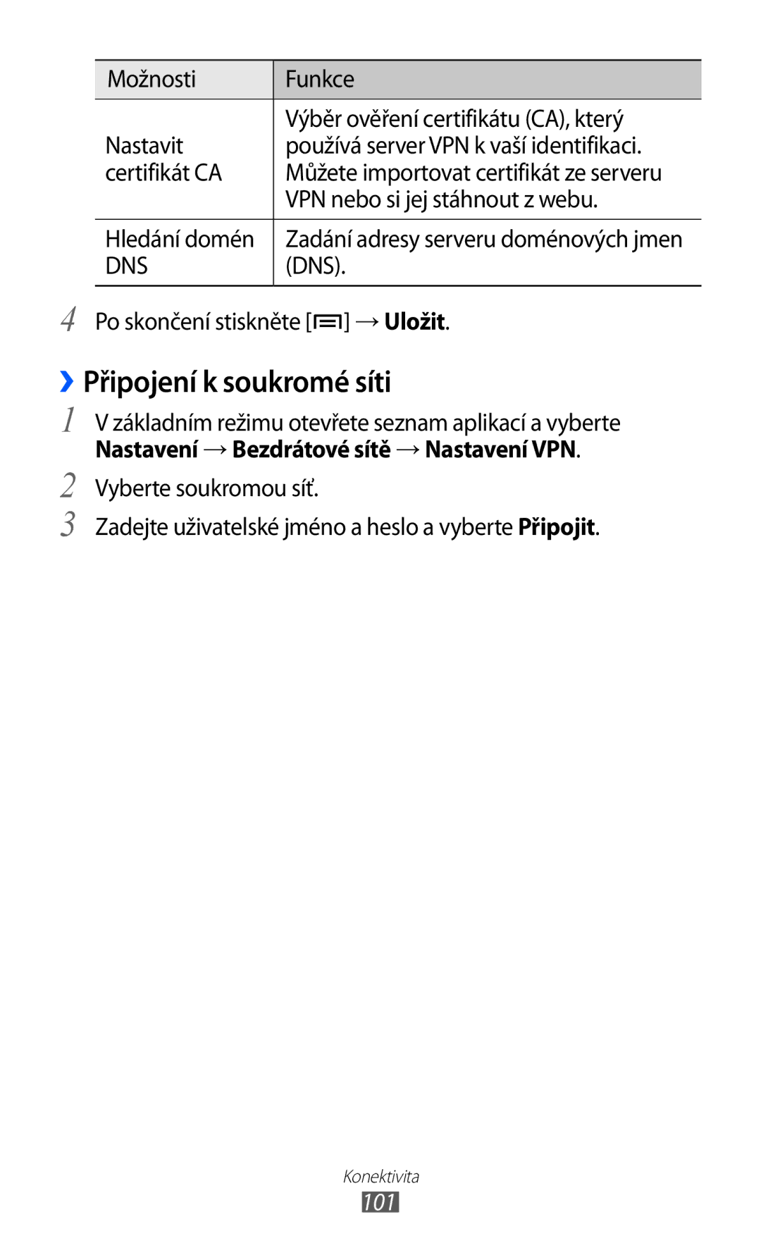 Samsung GT-S6102SKAXSK, GT-S6102UWAXSK manual ››Připojení k soukromé síti, Dns, Po skončení stiskněte → Uložit, 101 