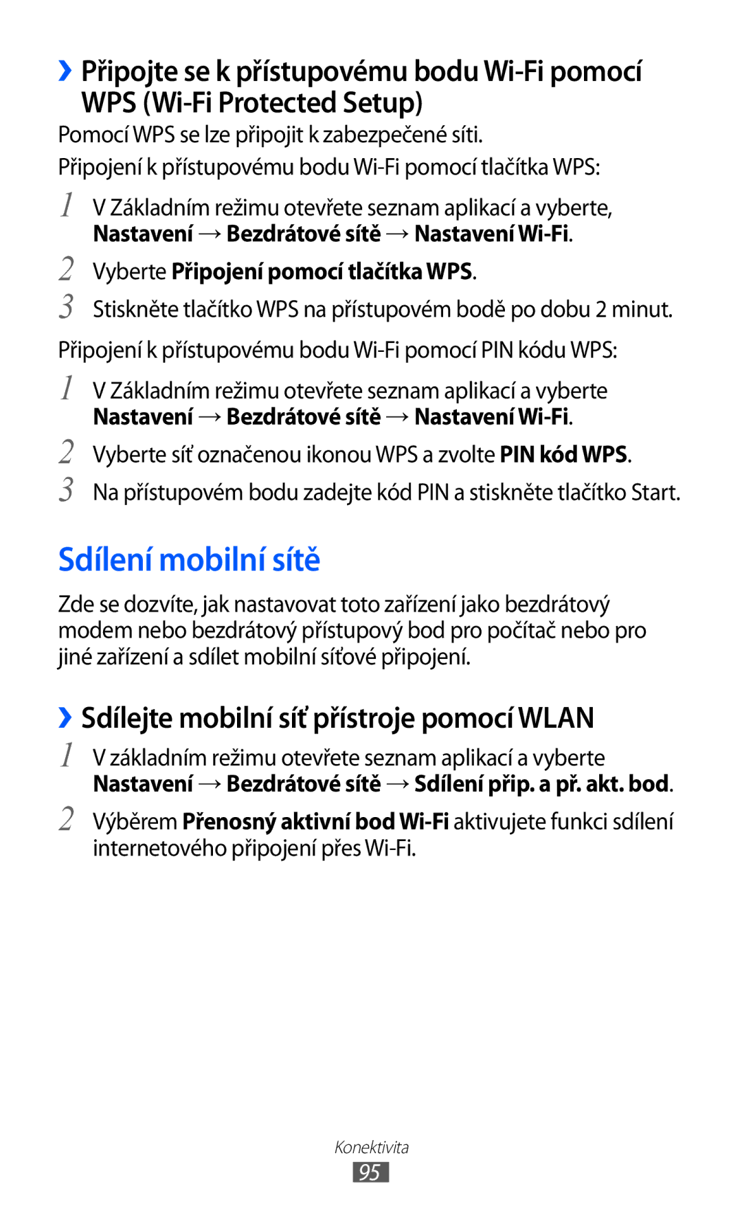 Samsung GT-S6102SKAXEO manual Sdílení mobilní sítě, WPS Wi-Fi Protected Setup, ››Sdílejte mobilní síť přístroje pomocí Wlan 