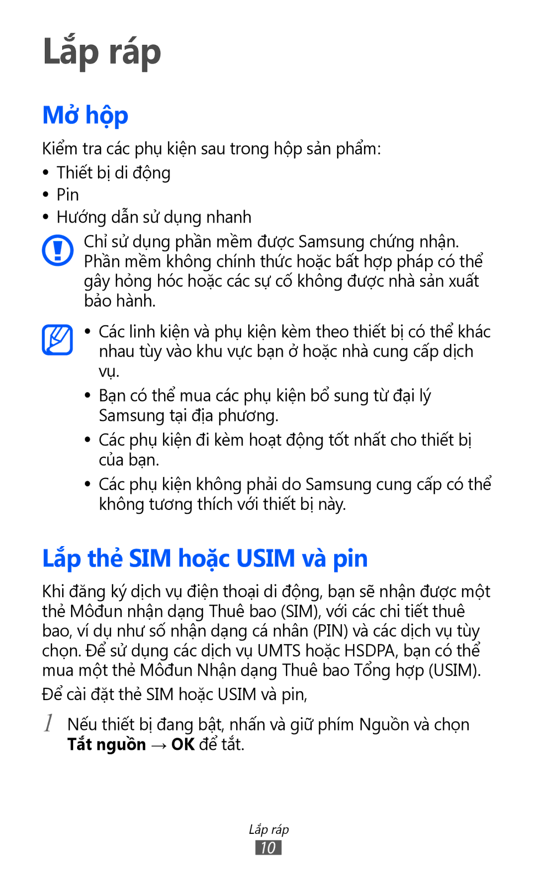 Samsung GT-S6102SKAXXV, GT-S6102UWAXXV, GT-S6102ALAXXV, GT-S6102TKAXXV manual Lắp ráp, Mở hộp, Lắp thẻ SIM hoặc Usim và pin 