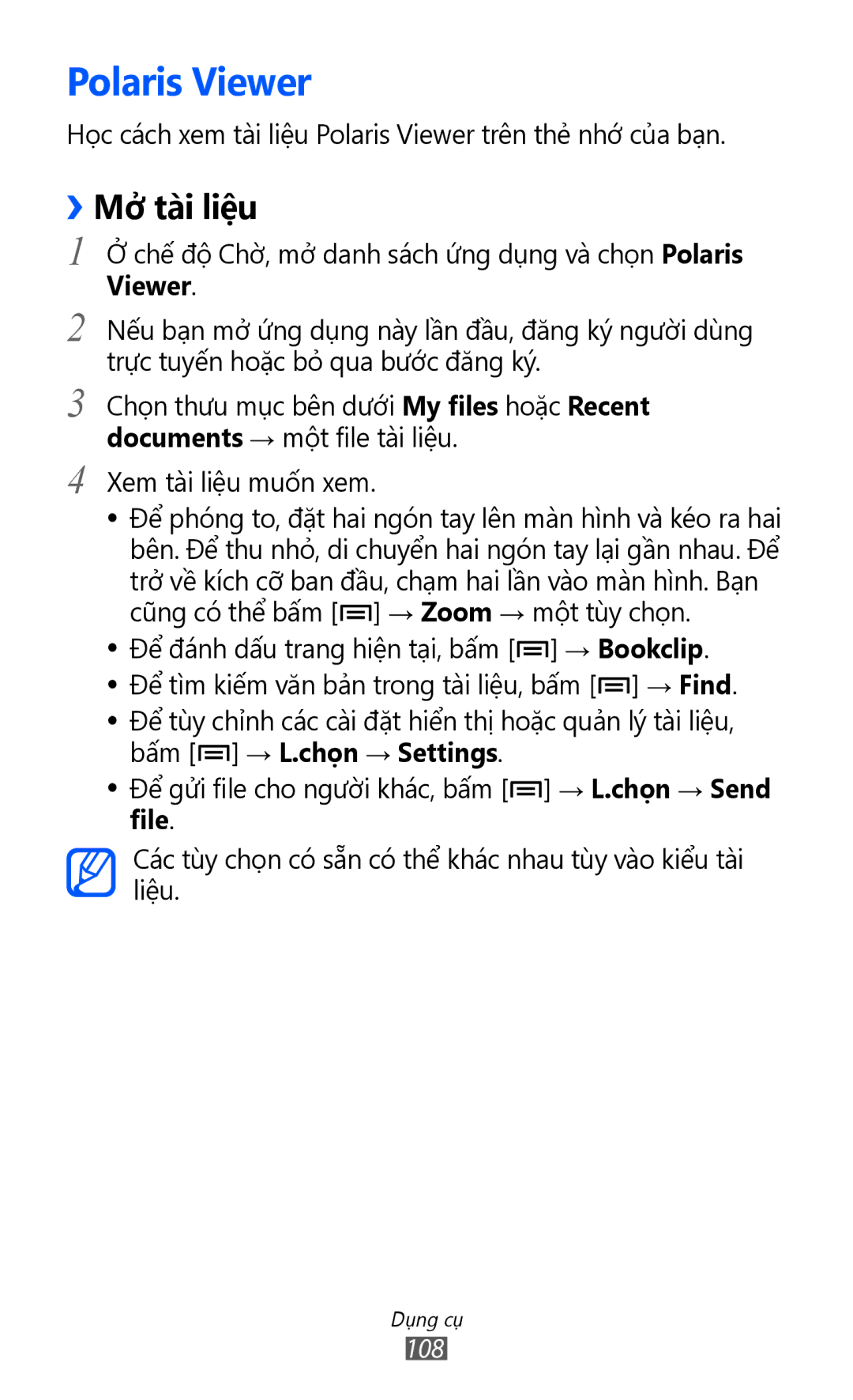 Samsung GT-S6102ALAXEV, GT-S6102UWAXXV, GT-S6102ALAXXV manual Polaris Viewer, ››Mở tài liệu, Bấm → L.chọn → Settings 