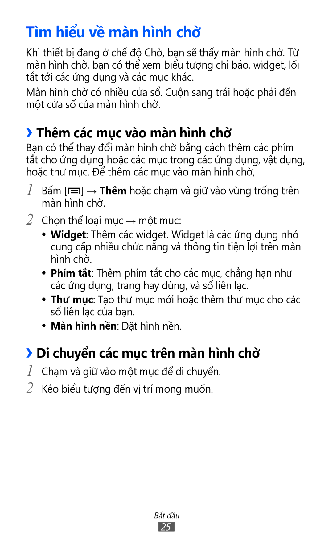Samsung GT-S6102ALAXXV, GT-S6102UWAXXV, GT-S6102SKAXXV manual Tì̀m hiểu về màn hì̀nh chờ, ››Thêm các mục vào màn hì̀nh chờ 