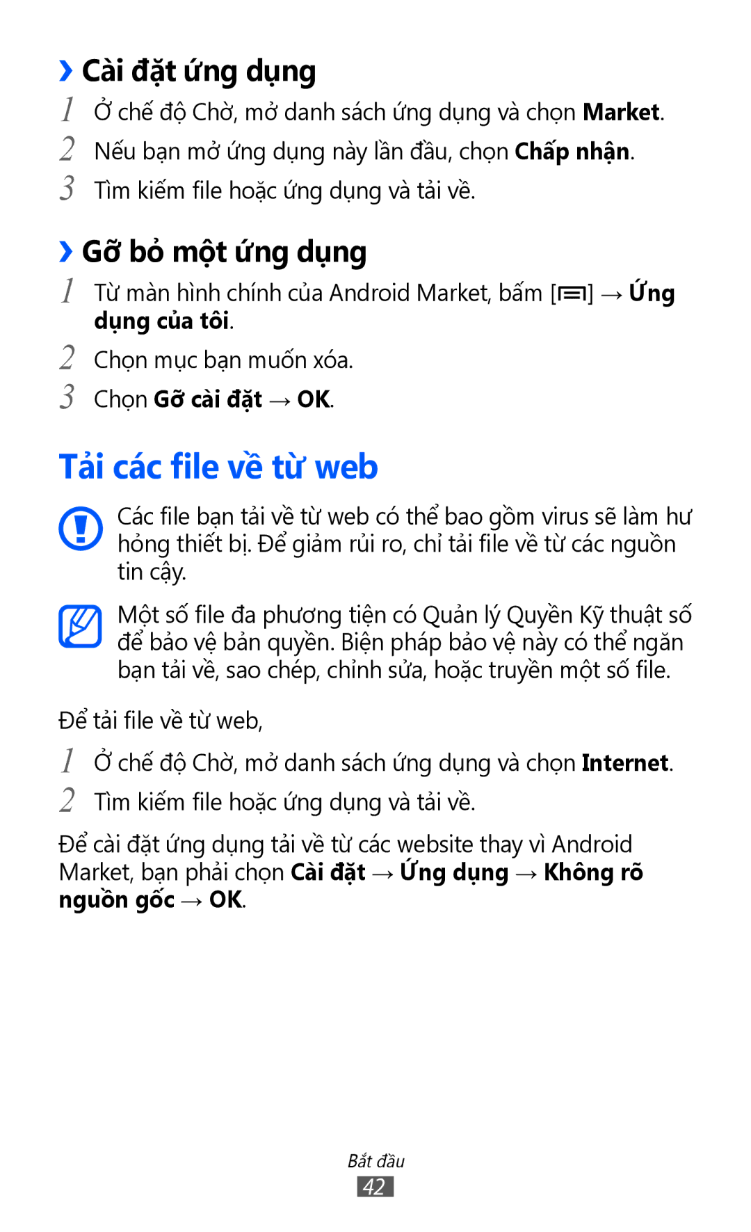 Samsung GT-S6102SKAXXV manual Tả̉i các file về từ web, ››Cài đặt ứ́ng dụng, ››Gỡ bỏ một ứ́ng dụng, Chọn Gỡ cai đăt → OK 