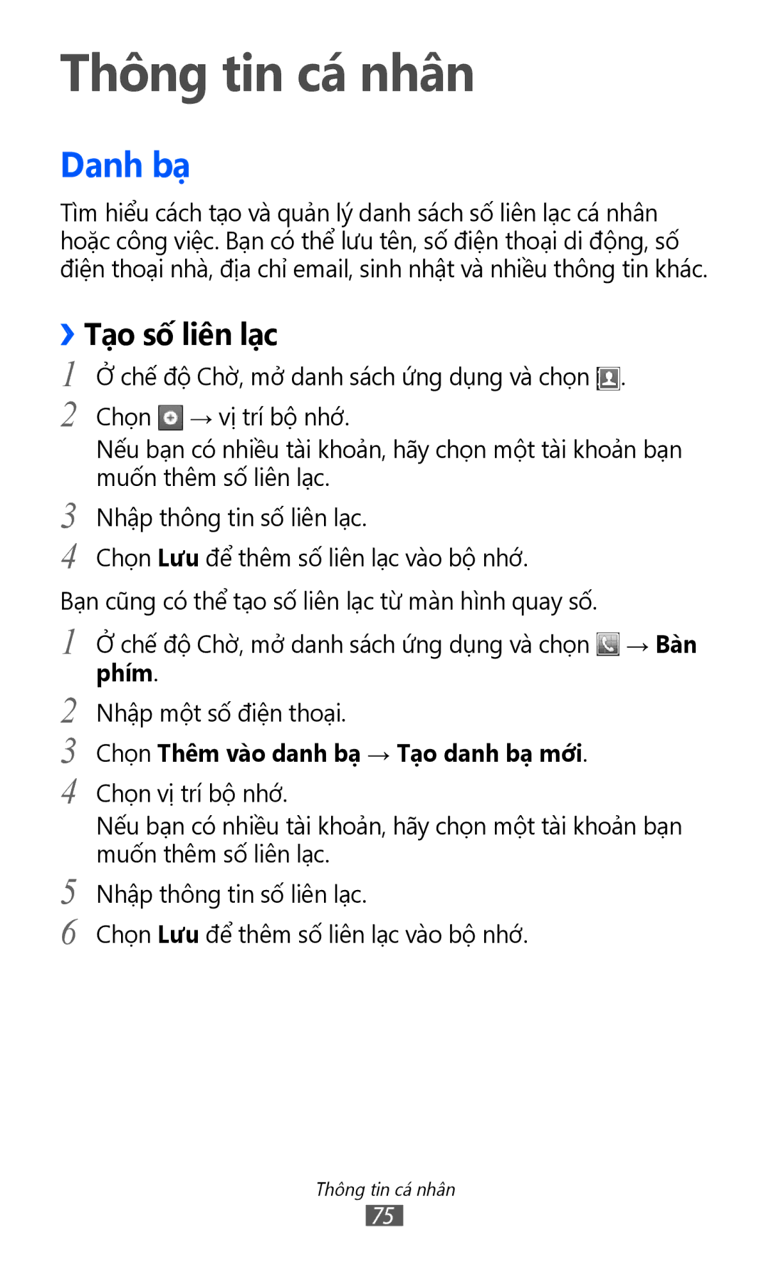 Samsung GT-S6102TKAXXV, GT-S6102UWAXXV, GT-S6102ALAXXV, GT-S6102SKAXXV manual Thông tin cá nhân, Danh bạ, ››Tạo số liên lạc 