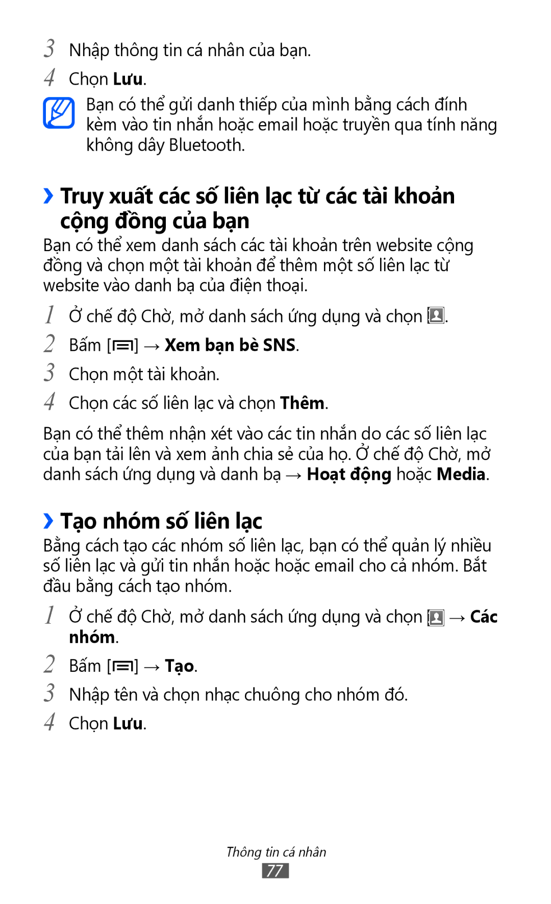 Samsung GT-S6102TIAXXV, GT-S6102UWAXXV, GT-S6102ALAXXV, GT-S6102SKAXXV, GT-S6102TKAXXV manual ››Tạo nhóm số liên lạc, Nhóm 