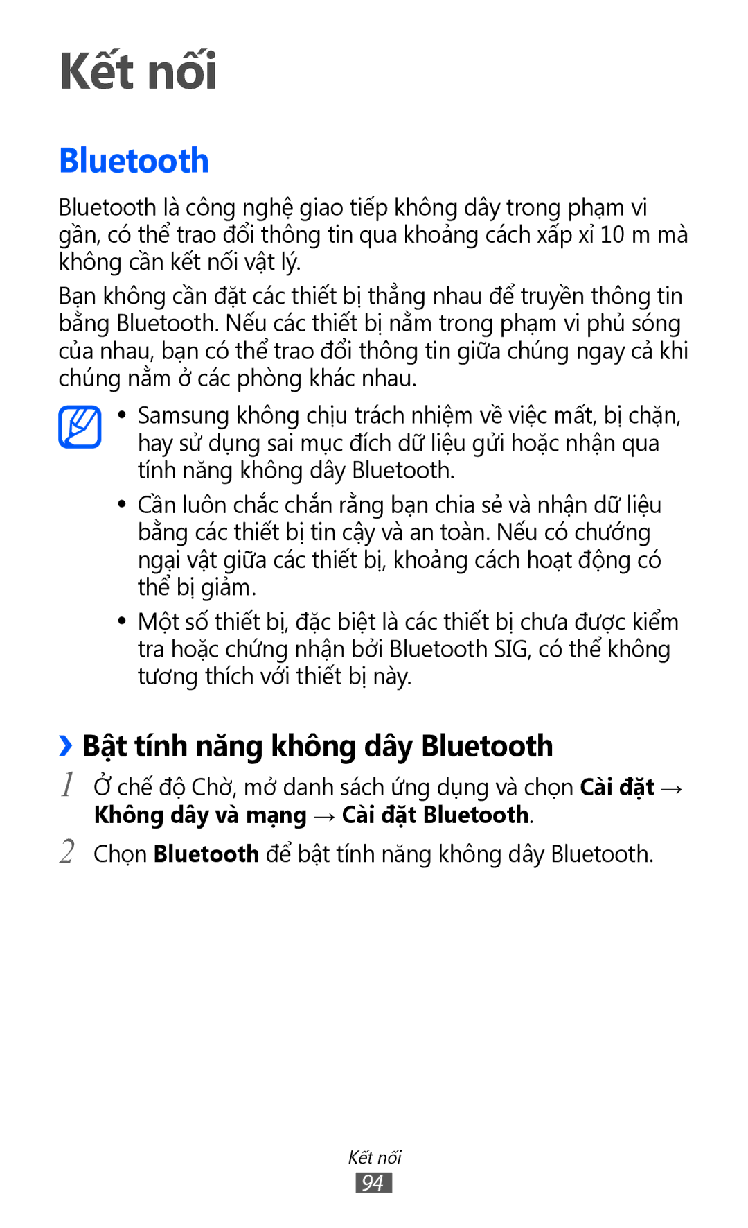 Samsung GT-S6102UWAXEV, GT-S6102UWAXXV, GT-S6102ALAXXV, GT-S6102SKAXXV manual Kết nối, ››Bật tính năng không dây Bluetooth 