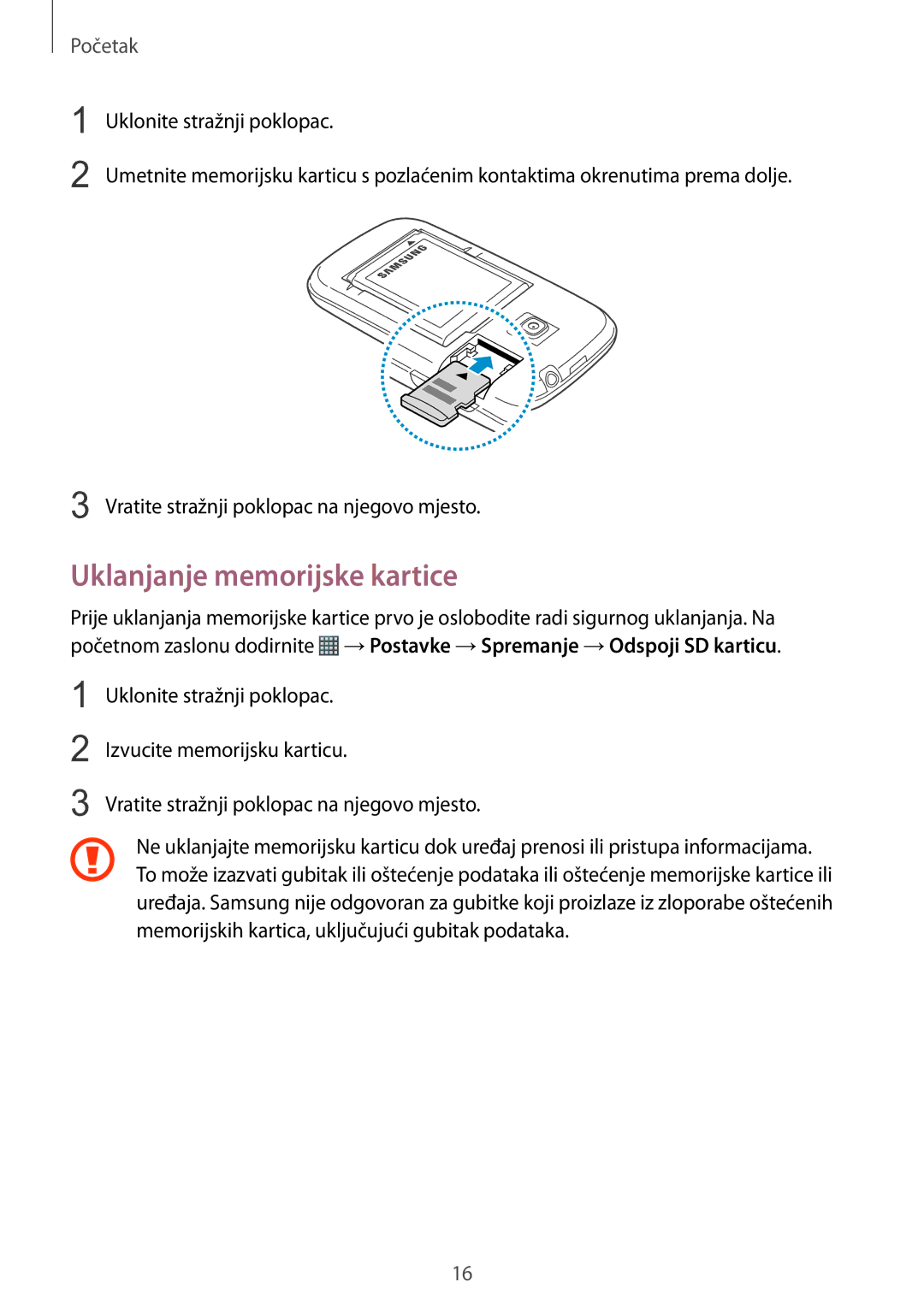 Samsung GT-S6310DBATWO, GT2S6310ZWATRA, GT2S6310DBATWO, GT-S6310ZWATRA, GT2S6310ZWATWO manual Uklanjanje memorijske kartice 