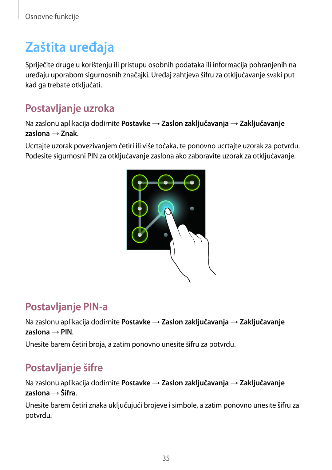 Samsung GT-S6310ZWATRA, GT-S6310DBATWO manual Zaštita uređaja, Postavljanje uzroka, Postavljanje PIN-a, Postavljanje šifre 