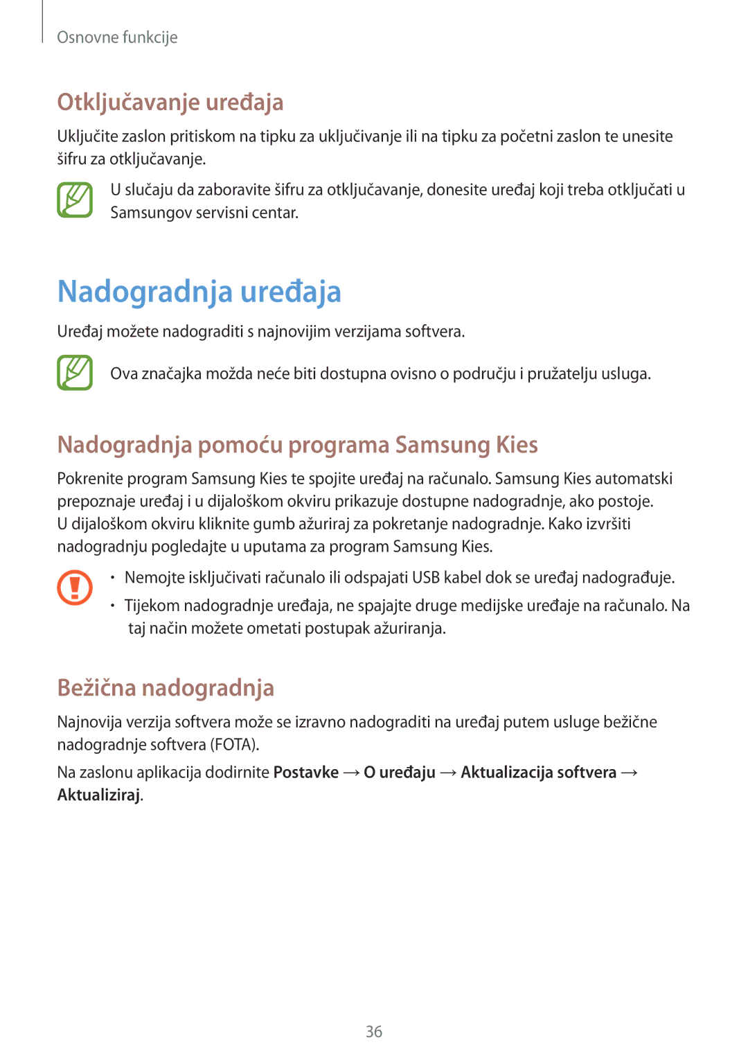 Samsung GT2S6310ZWATWO manual Nadogradnja uređaja, Otključavanje uređaja, Nadogradnja pomoću programa Samsung Kies 