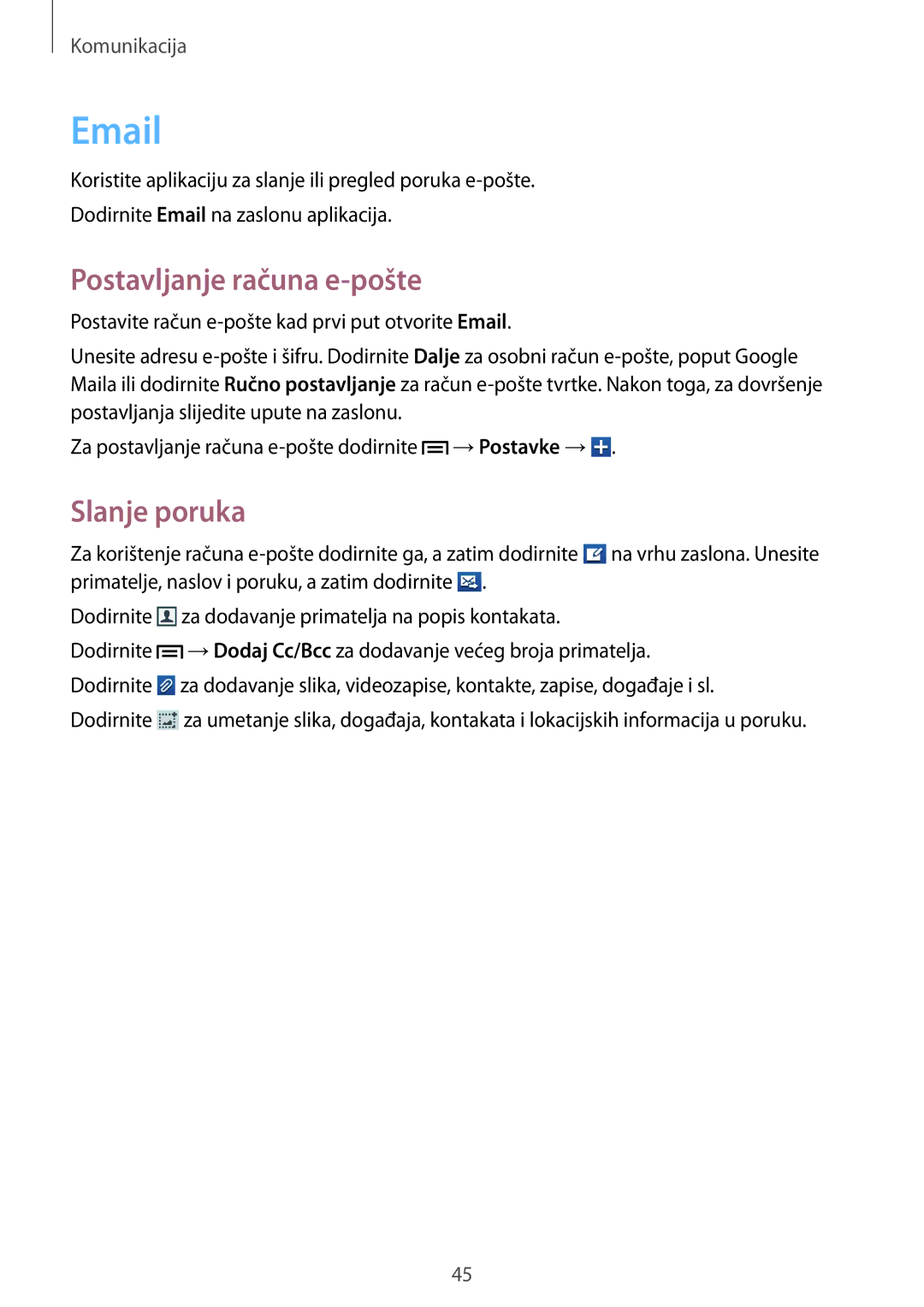 Samsung GT-S6310DBASEE, GT-S6310DBATWO, GT2S6310ZWATRA, GT2S6310DBATWO, GT-S6310ZWATRA manual Postavljanje računa e-pošte 