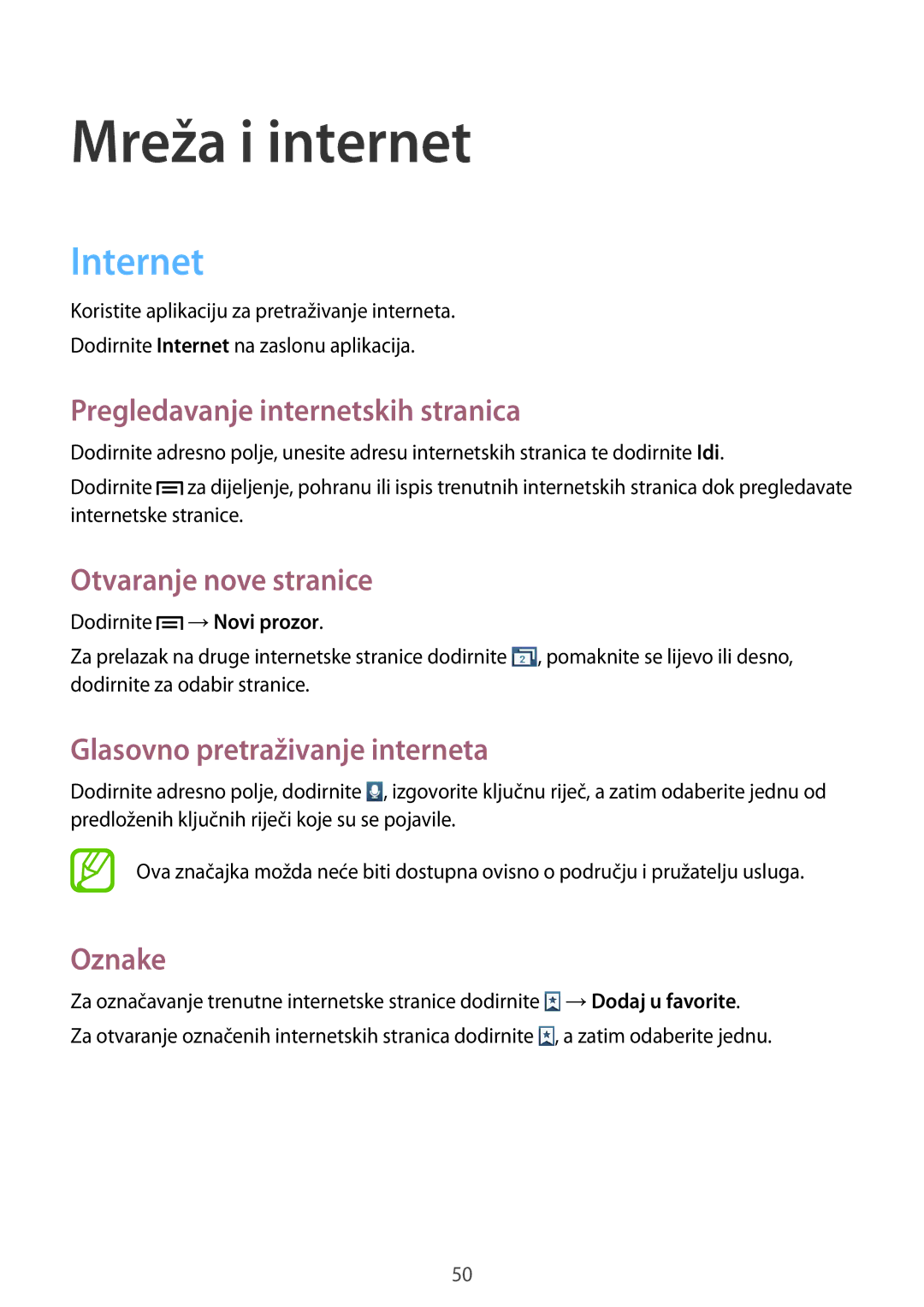 Samsung GT2S6310DBATWO, GT-S6310DBATWO, GT2S6310ZWATRA, GT-S6310ZWATRA, GT2S6310ZWATWO manual Mreža i internet, Internet 