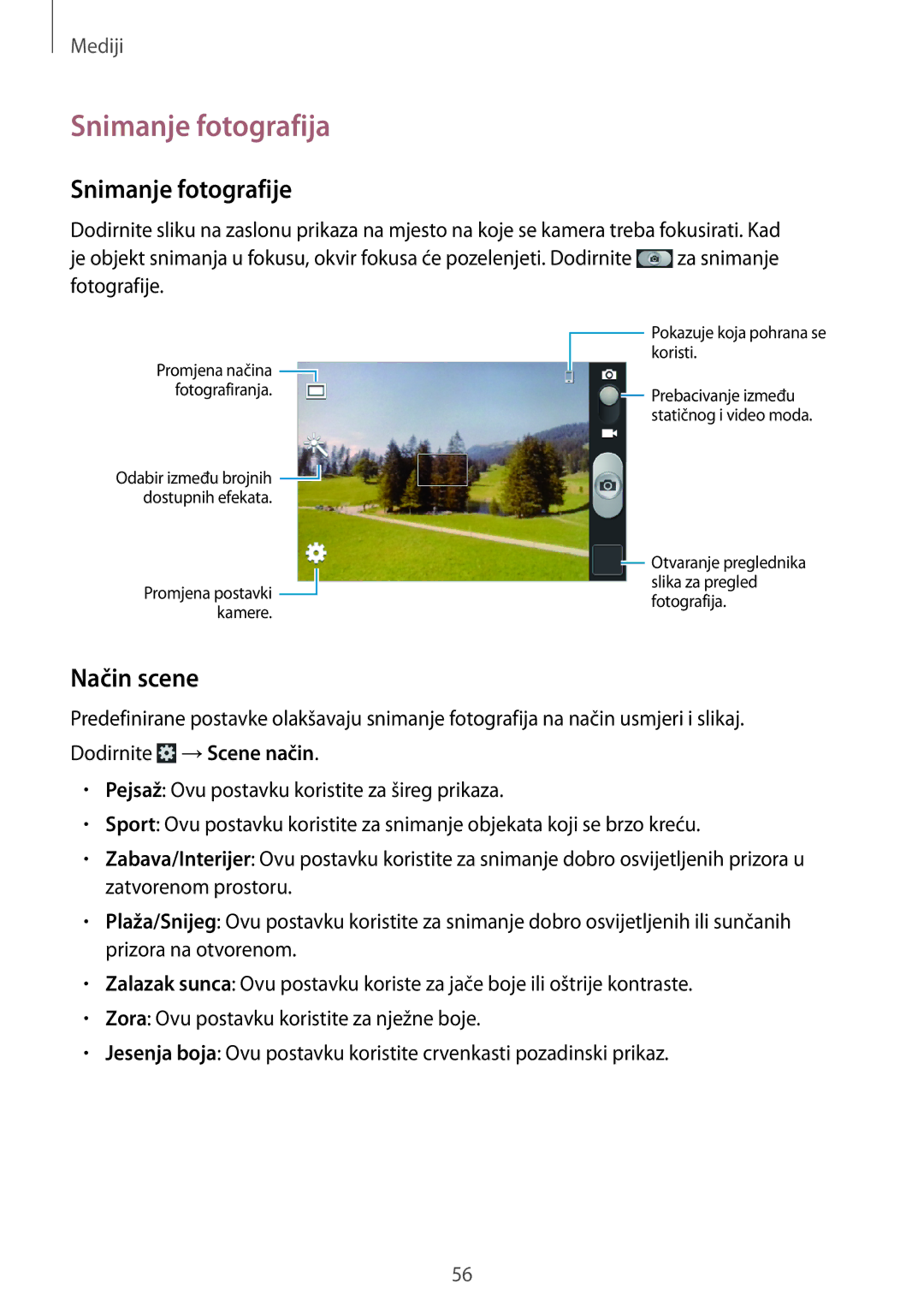 Samsung GT-S6310DBATWO, GT2S6310ZWATRA, GT2S6310DBATWO manual Snimanje fotografija, Snimanje fotografije, Način scene 