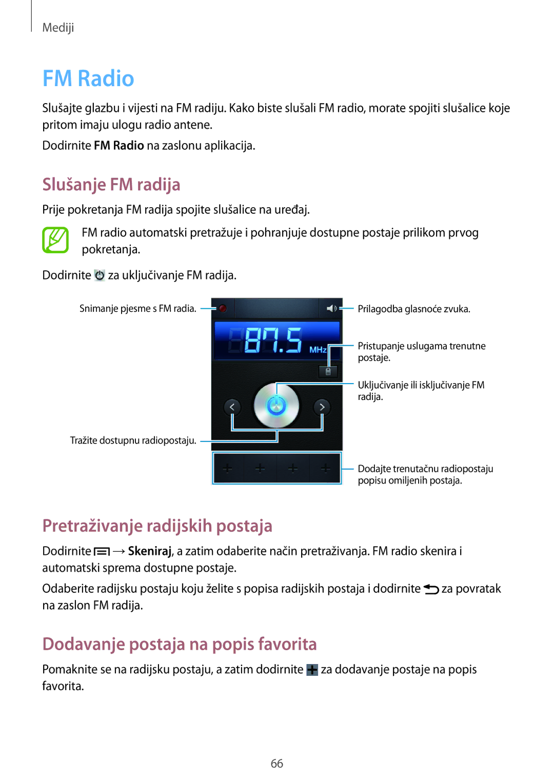 Samsung GT2S6310DBATWO FM Radio, Slušanje FM radija, Pretraživanje radijskih postaja, Dodavanje postaja na popis favorita 