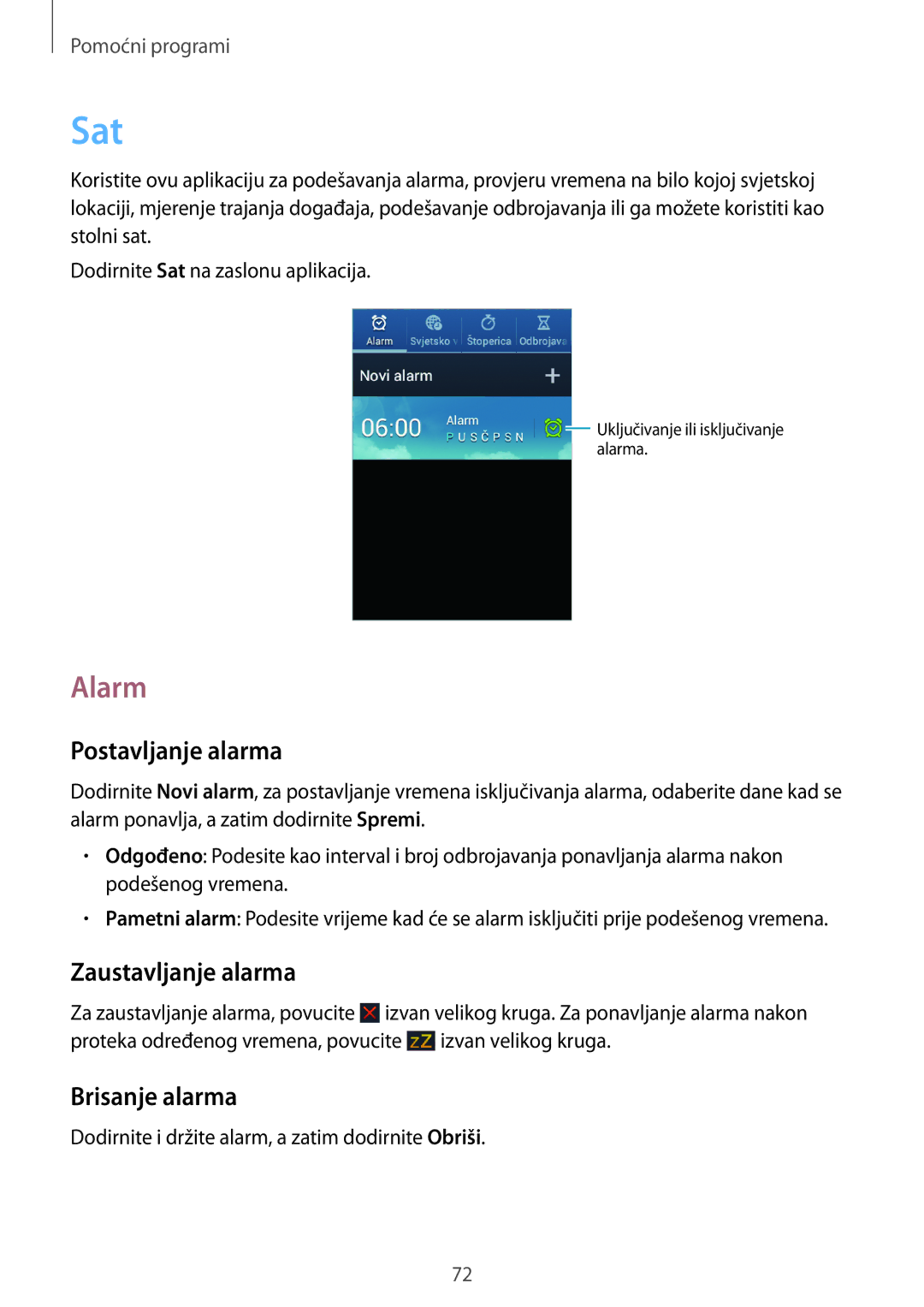 Samsung GT-S6310DBATWO, GT2S6310ZWATRA manual Sat, Alarm, Postavljanje alarma, Zaustavljanje alarma, Brisanje alarma 
