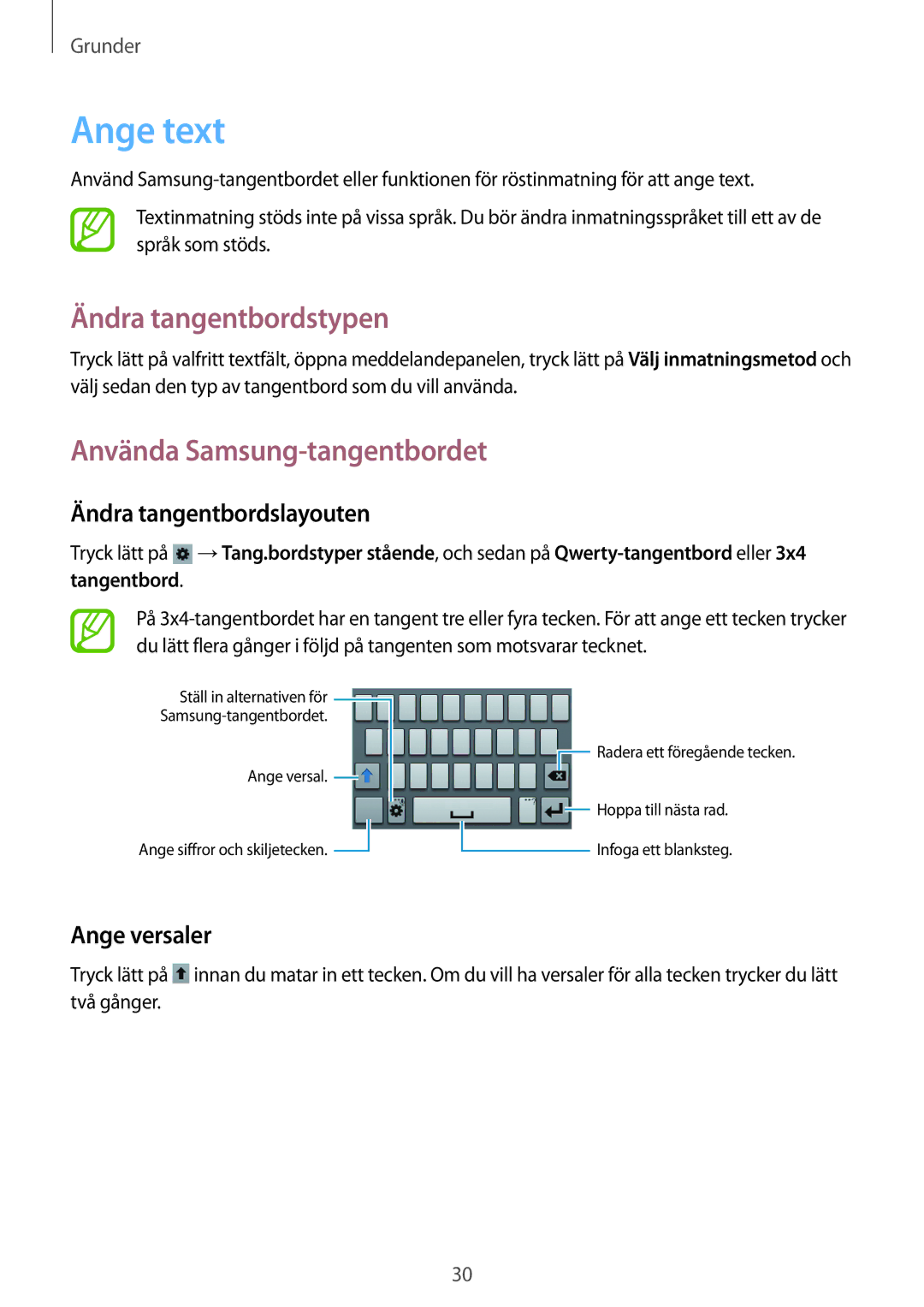 Samsung GT-S6310ZWNNEE manual Ange text, Ändra tangentbordstypen, Använda Samsung-tangentbordet, Ändra tangentbordslayouten 