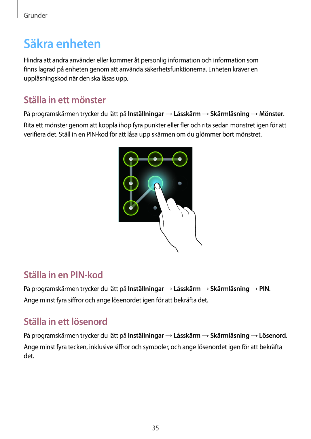 Samsung GT-S6310MSNNEE, GT-S6310DBNNEE Säkra enheten, Ställa in ett mönster, Ställa in en PIN-kod, Ställa in ett lösenord 