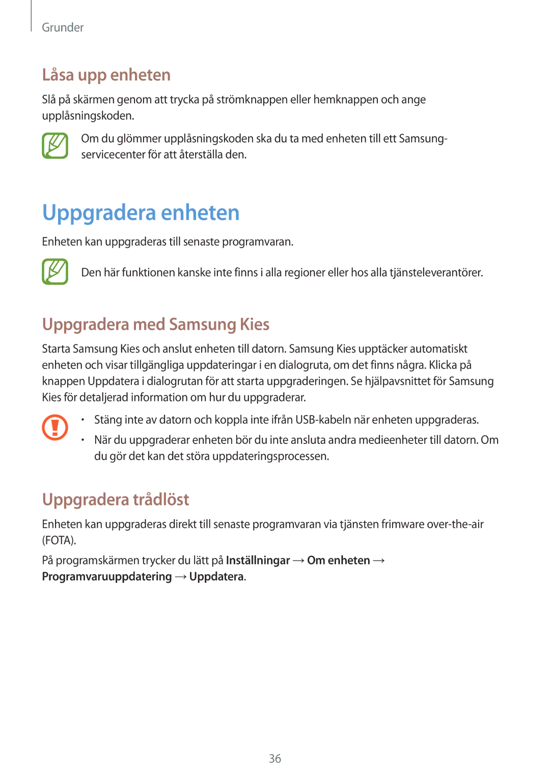 Samsung GT-S6310DBNNEE manual Uppgradera enheten, Låsa upp enheten, Uppgradera med Samsung Kies, Uppgradera trådlöst 