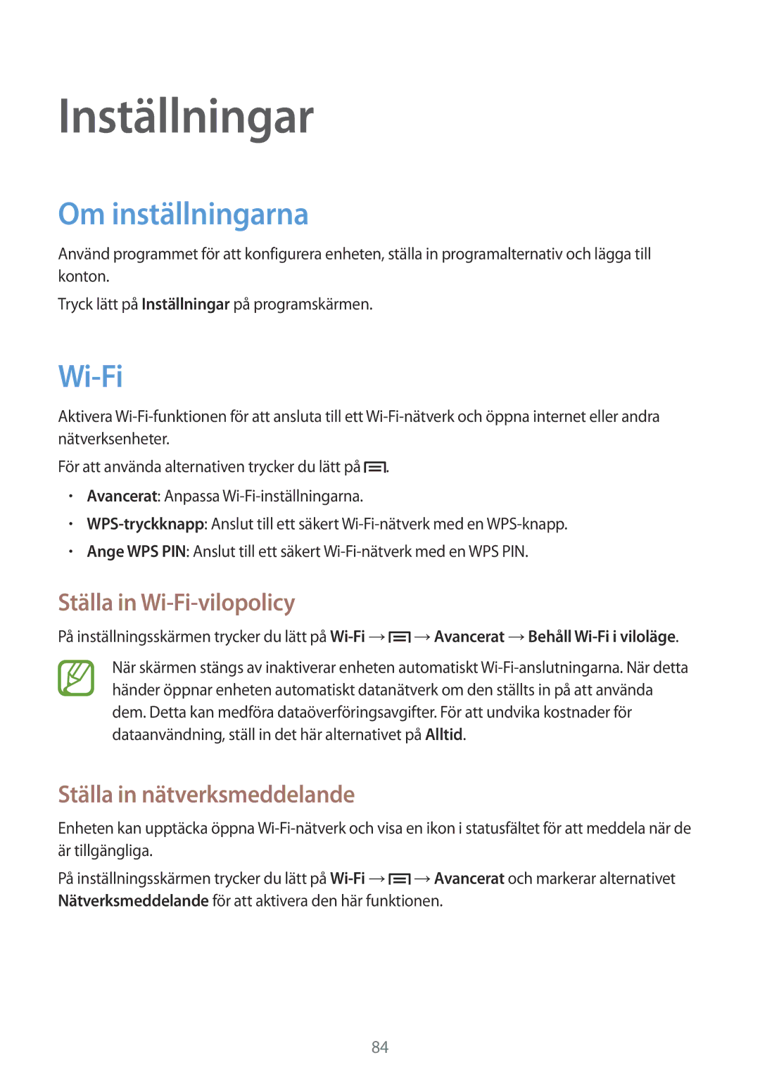 Samsung GT-S6310DBNNEE Inställningar, Om inställningarna, Ställa in Wi-Fi-vilopolicy, Ställa in nätverksmeddelande 