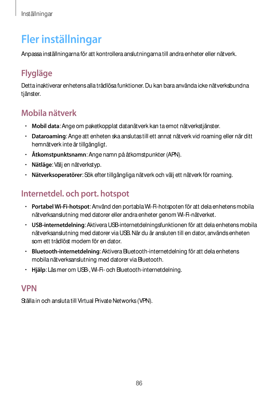 Samsung GT-S6310ZWNNEE, GT-S6310DBNNEE manual Fler inställningar, Flygläge, Mobila nätverk, Internetdel. och port. hotspot 