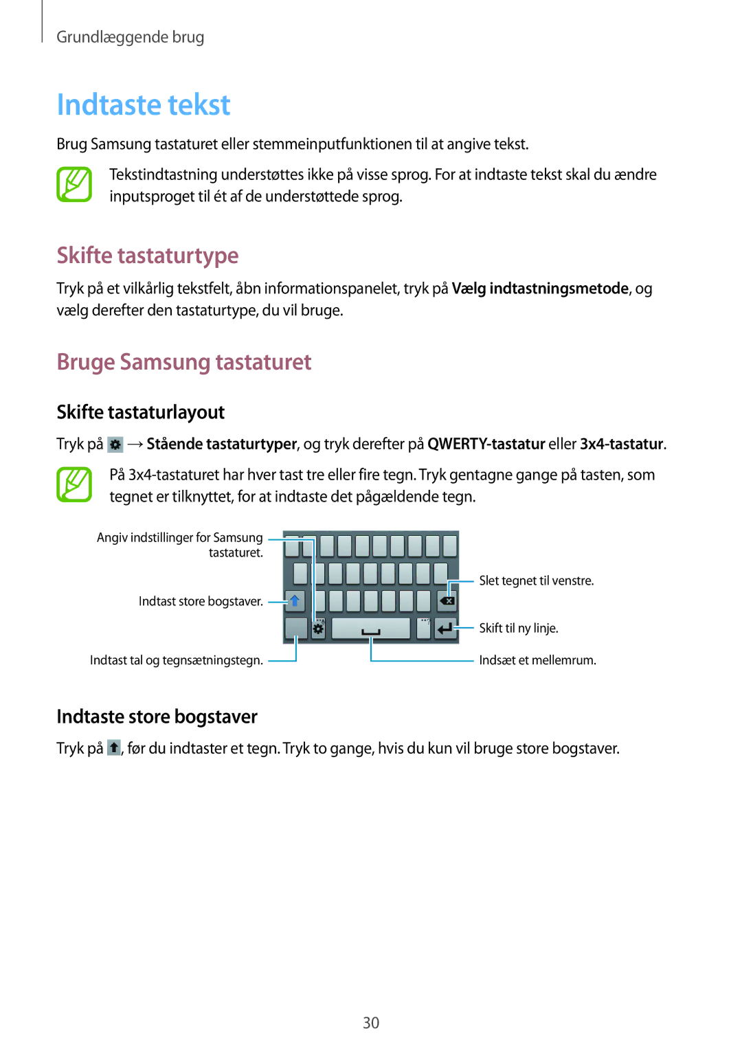 Samsung GT-S6310ZWNNEE manual Indtaste tekst, Skifte tastaturtype, Bruge Samsung tastaturet, Skifte tastaturlayout 