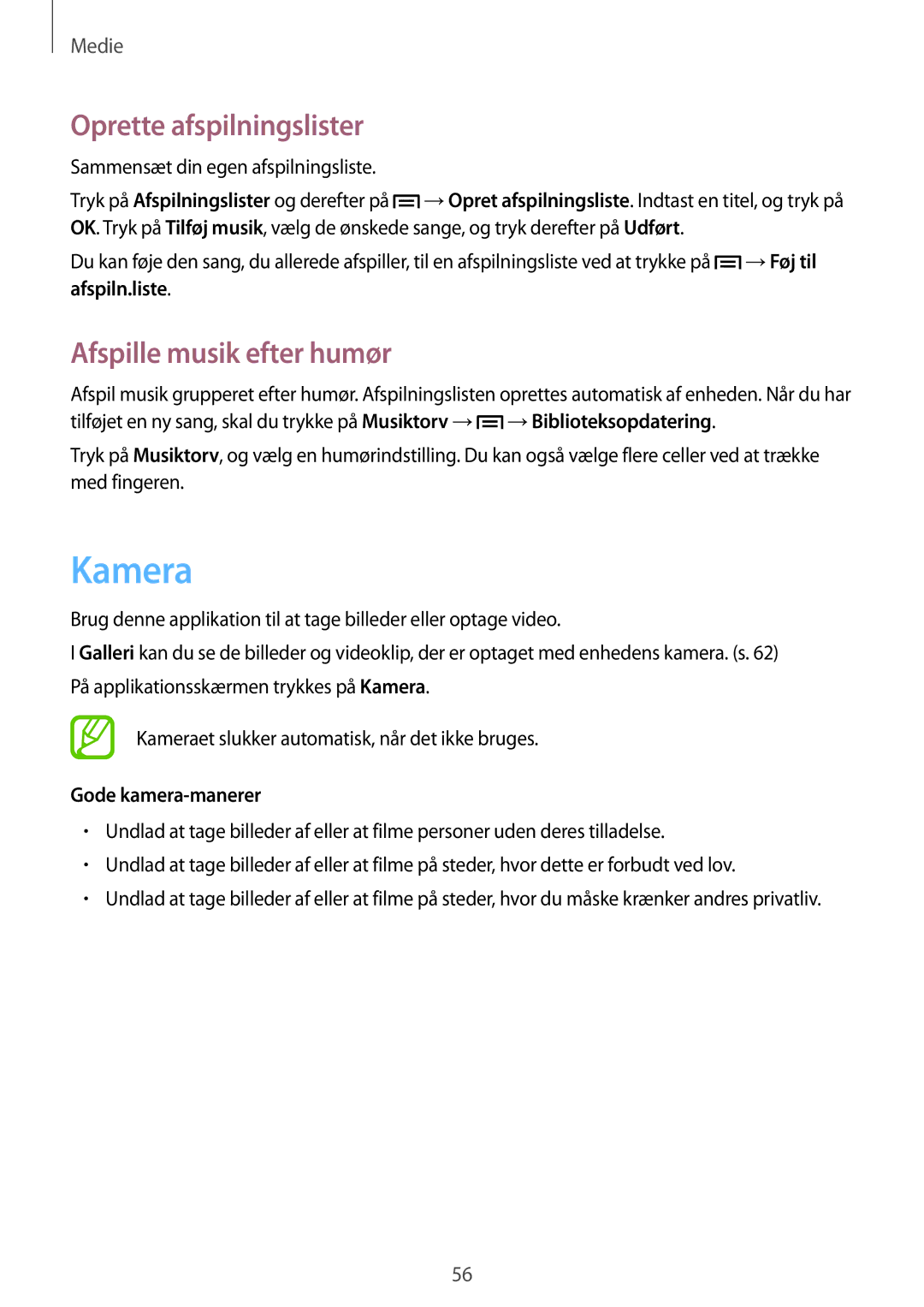 Samsung GT-S6310DBNNEE, GT-S6310WRNNEE Kamera, Oprette afspilningslister, Afspille musik efter humør, Gode kamera-manerer 