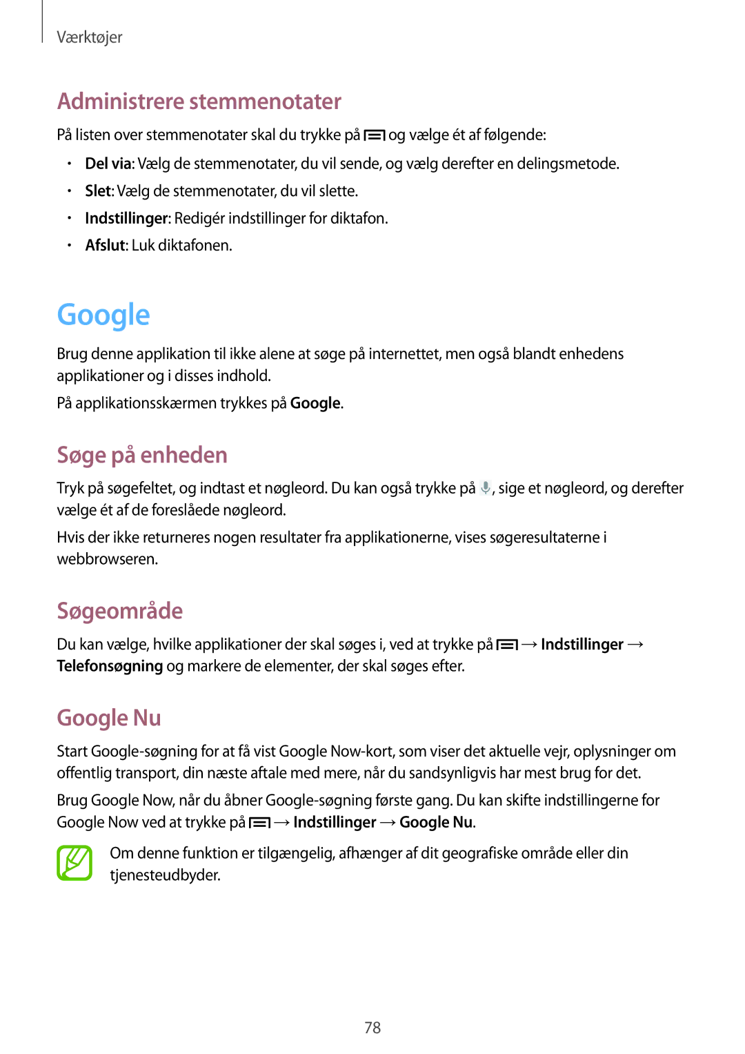 Samsung GT-S6310ZWNNEE, GT-S6310DBNNEE manual Administrere stemmenotater, Søge på enheden, Søgeområde, Google Nu 