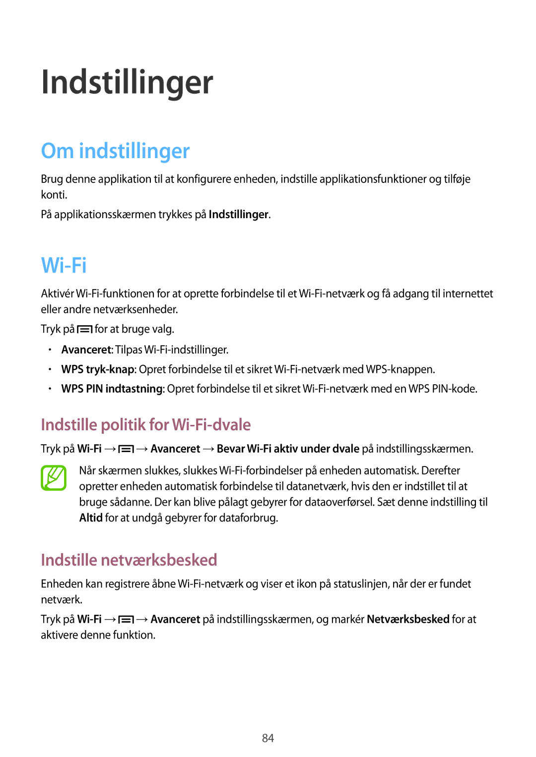 Samsung GT-S6310DBNNEE Indstillinger, Om indstillinger, Indstille politik for Wi-Fi-dvale, Indstille netværksbesked 