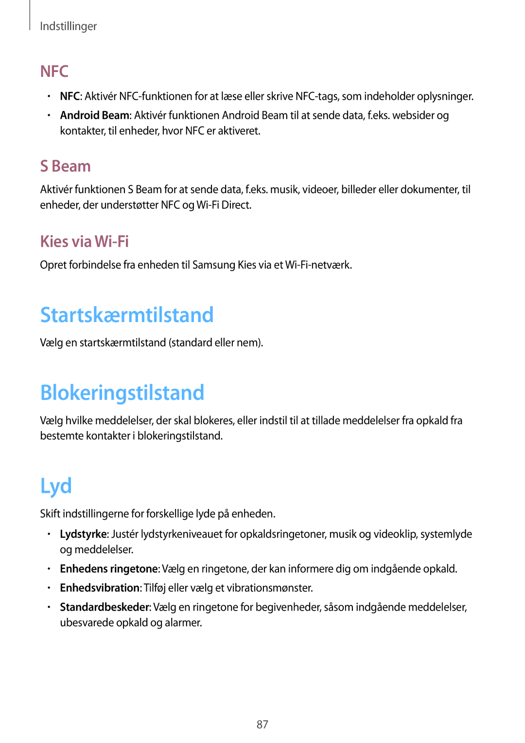 Samsung GT-S6310MSNNEE, GT-S6310DBNNEE, GT-S6310WRNNEE Startskærmtilstand, Blokeringstilstand, Lyd, Beam, Kies via Wi-Fi 