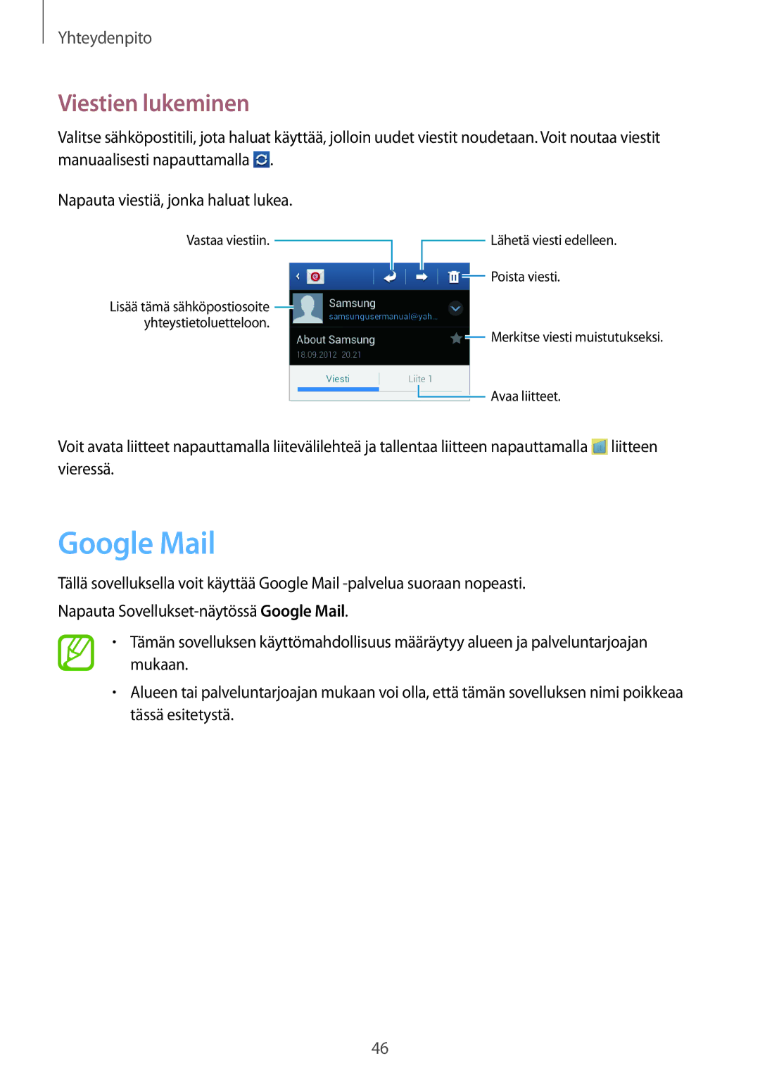 Samsung GT-S6310ZWNNEE, GT-S6310DBNNEE, GT-S6310WRNNEE, GT-S6310MSNNEE manual Google Mail, Viestien lukeminen 