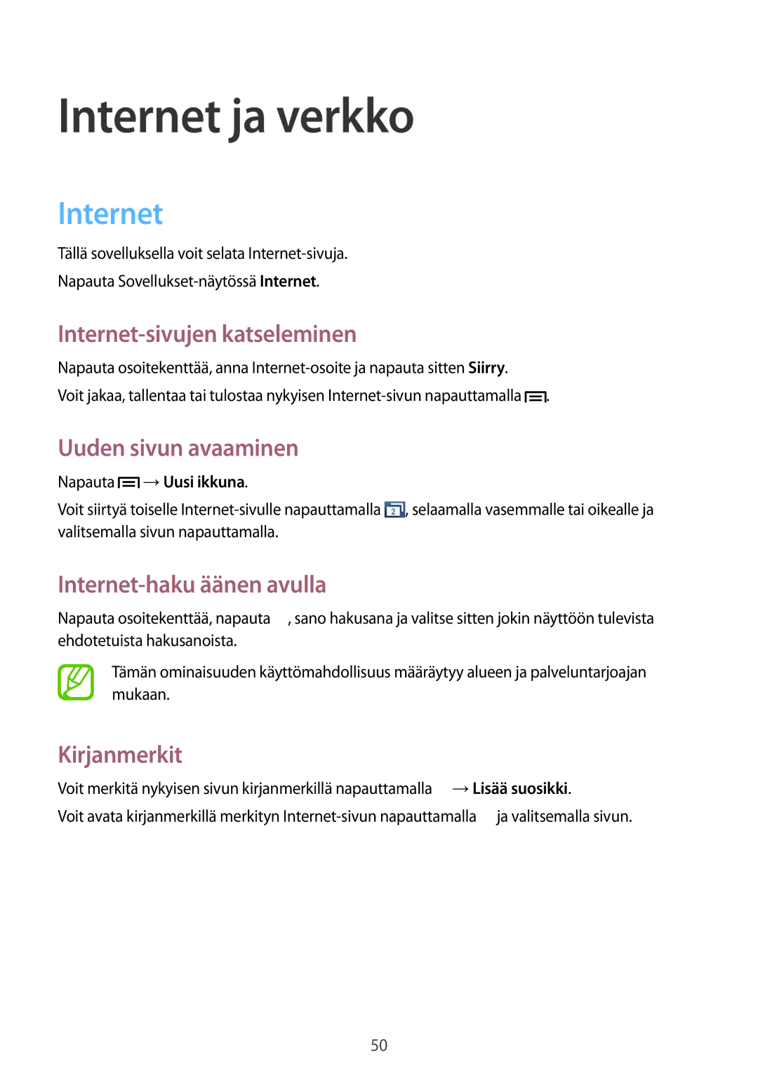 Samsung GT-S6310ZWNNEE, GT-S6310DBNNEE, GT-S6310WRNNEE, GT-S6310MSNNEE manual Internet ja verkko 