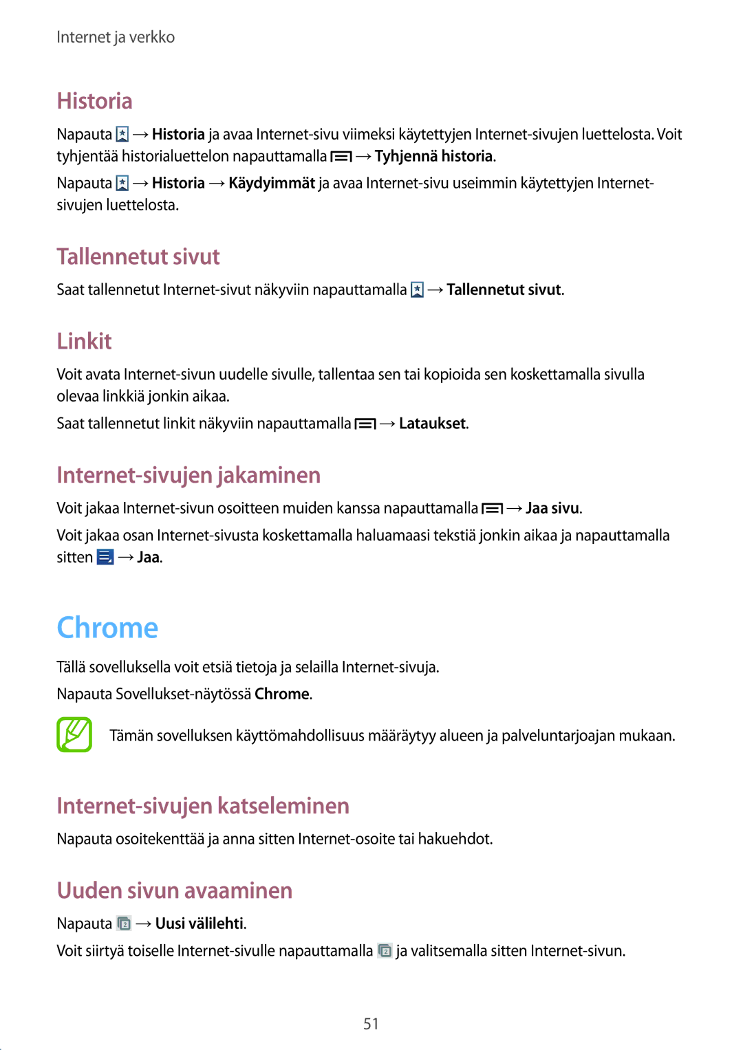 Samsung GT-S6310MSNNEE, GT-S6310DBNNEE manual Chrome, Historia, Tallennetut sivut, Linkit, Internet-sivujen jakaminen 