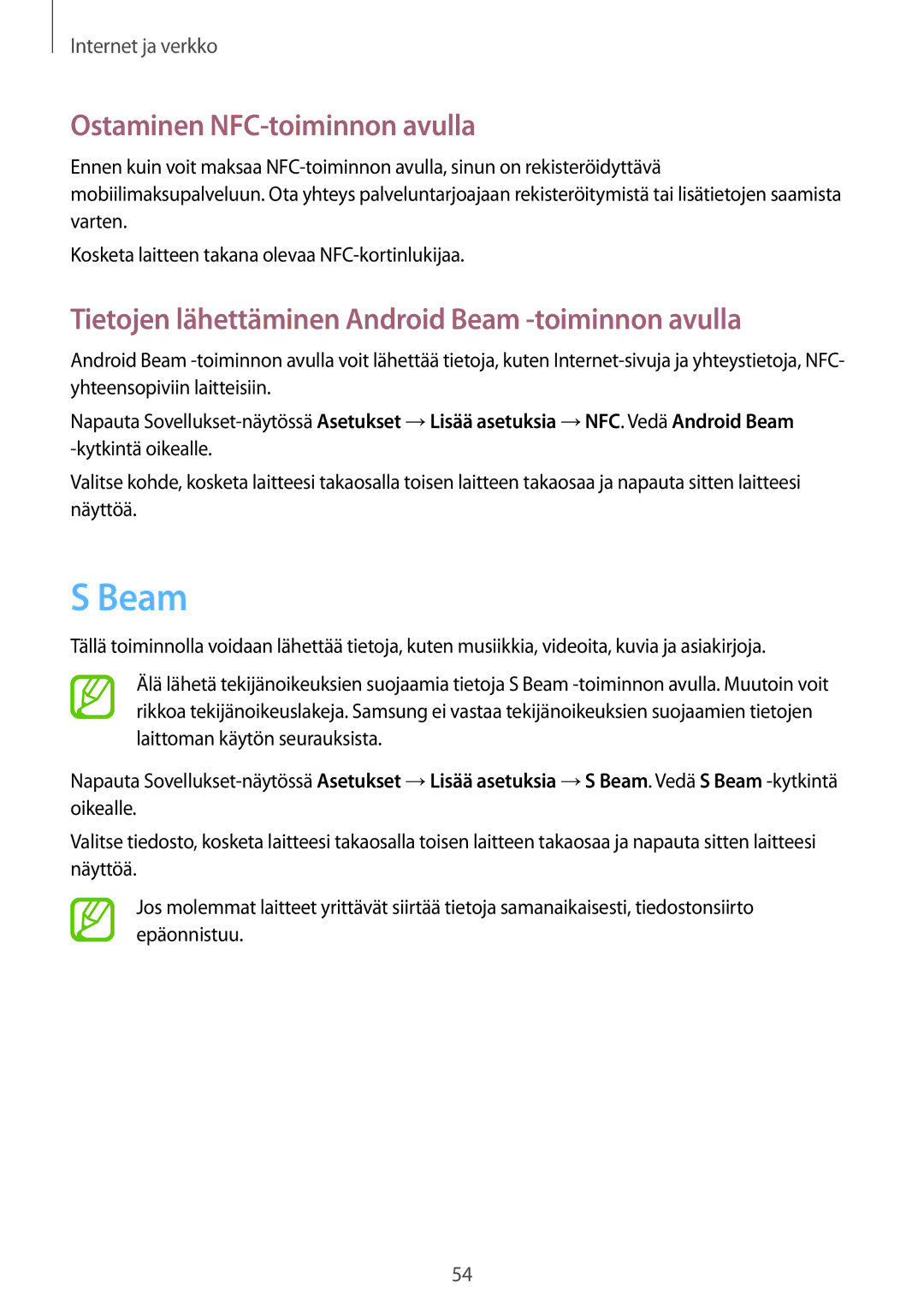 Samsung GT-S6310ZWNNEE manual Ostaminen NFC-toiminnon avulla, Tietojen lähettäminen Android Beam -toiminnon avulla 