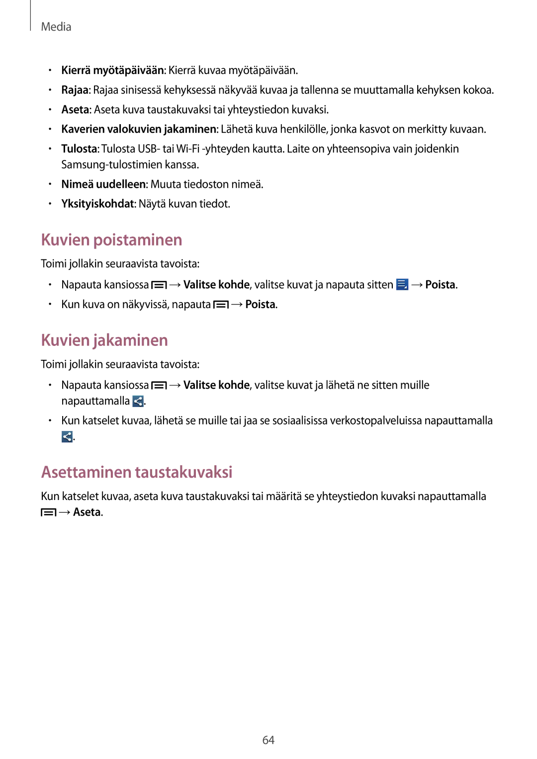 Samsung GT-S6310DBNNEE, GT-S6310WRNNEE manual Kuvien poistaminen, Kuvien jakaminen, Asettaminen taustakuvaksi, →Aseta 