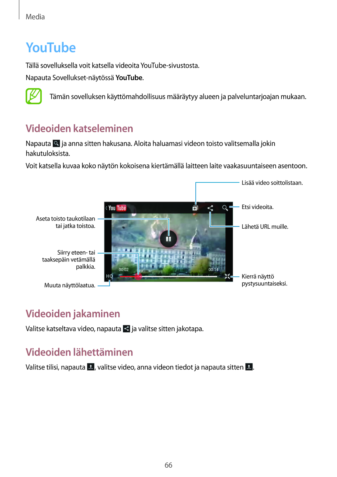 Samsung GT-S6310ZWNNEE, GT-S6310DBNNEE, GT-S6310WRNNEE manual YouTube, Videoiden katseleminen, Videoiden lähettäminen 