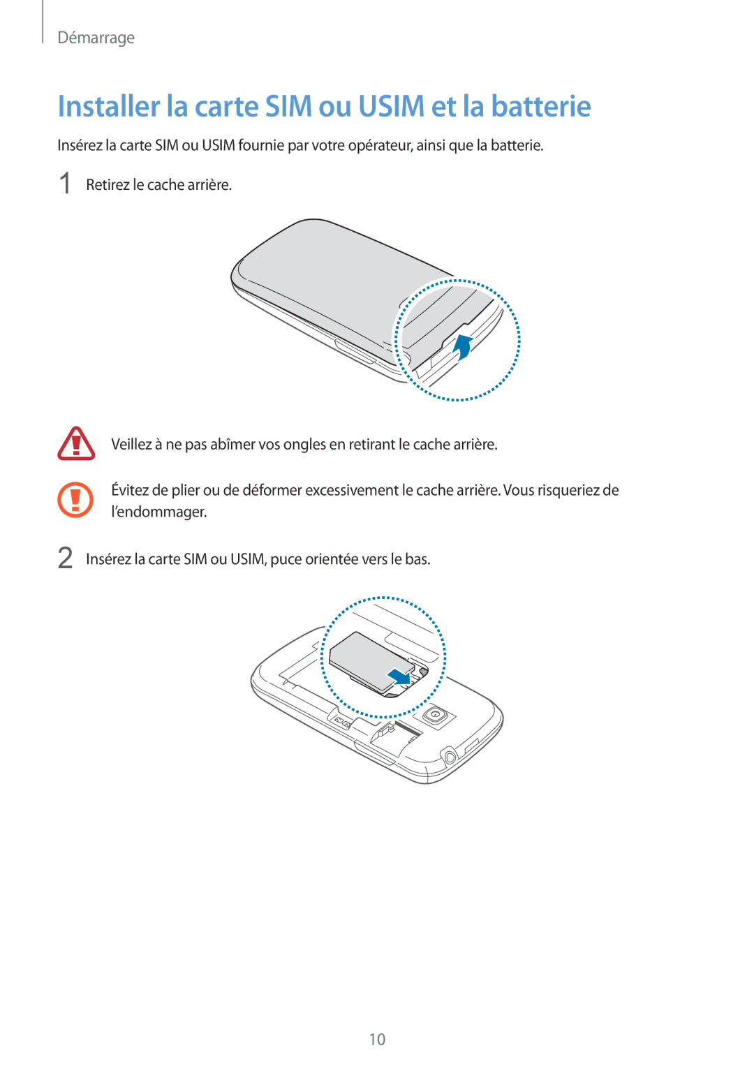 Samsung GT-S6310DBNNRJ, GT-S6310ZWNXEF, GT-S6310DBNXEF, GT-S6310ZWNNRJ manual Installer la carte SIM ou Usim et la batterie 