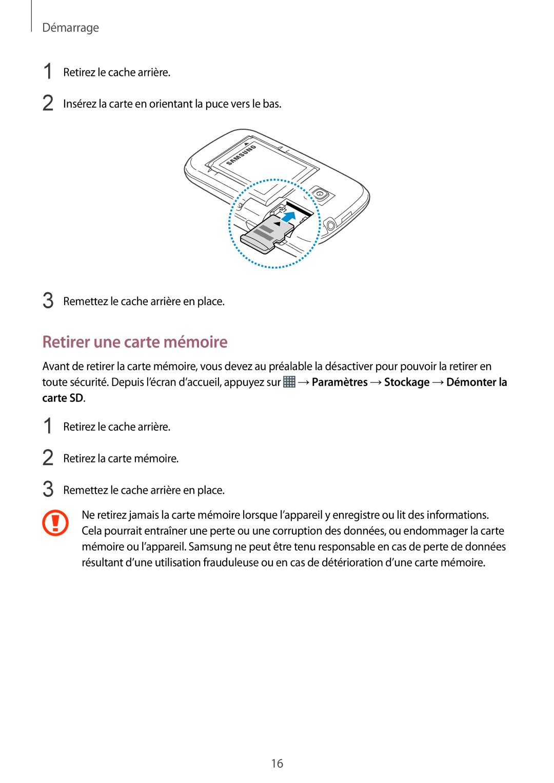 Samsung GT-S6310ZWNXEF, GT-S6310DBNNRJ, GT-S6310DBNXEF, GT-S6310ZWNNRJ, GT-S6310DBNFTM manual Retirer une carte mémoire 