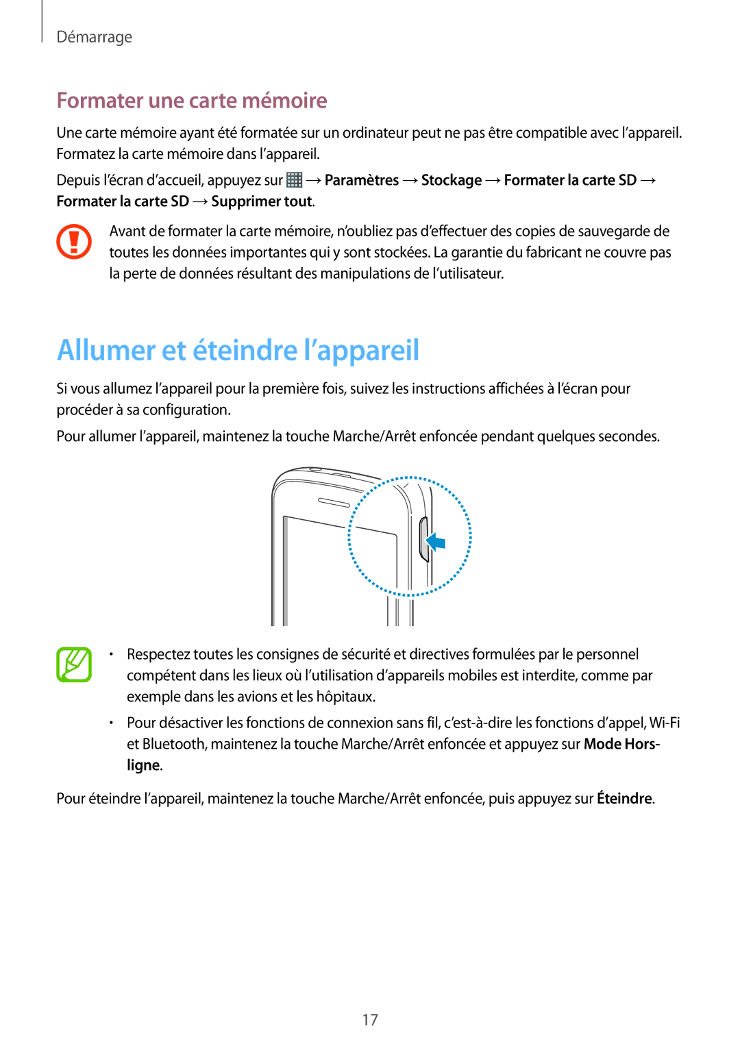 Samsung GT-S6310DBNXEF, GT-S6310DBNNRJ, GT-S6310ZWNXEF manual Allumer et éteindre l’appareil, Formater une carte mémoire 