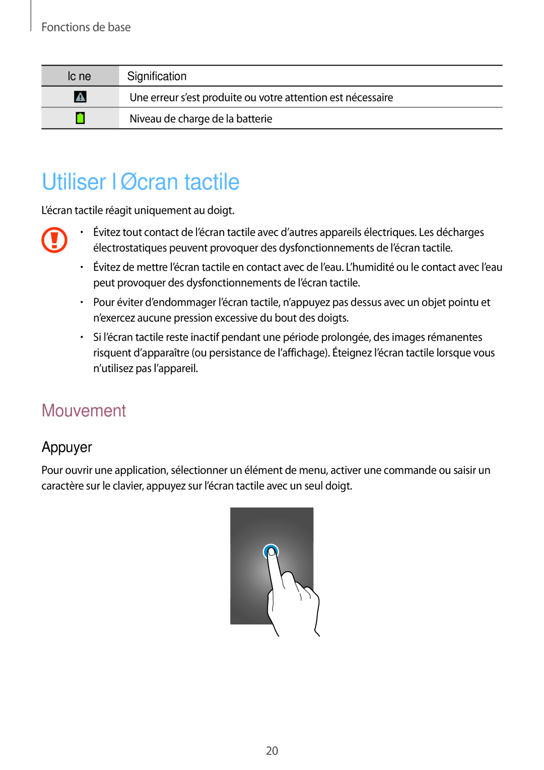 Samsung GT-S6310DBNNRJ, GT-S6310ZWNXEF, GT-S6310DBNXEF, GT-S6310ZWNNRJ manual Utiliser l’écran tactile, Mouvement, Appuyer 