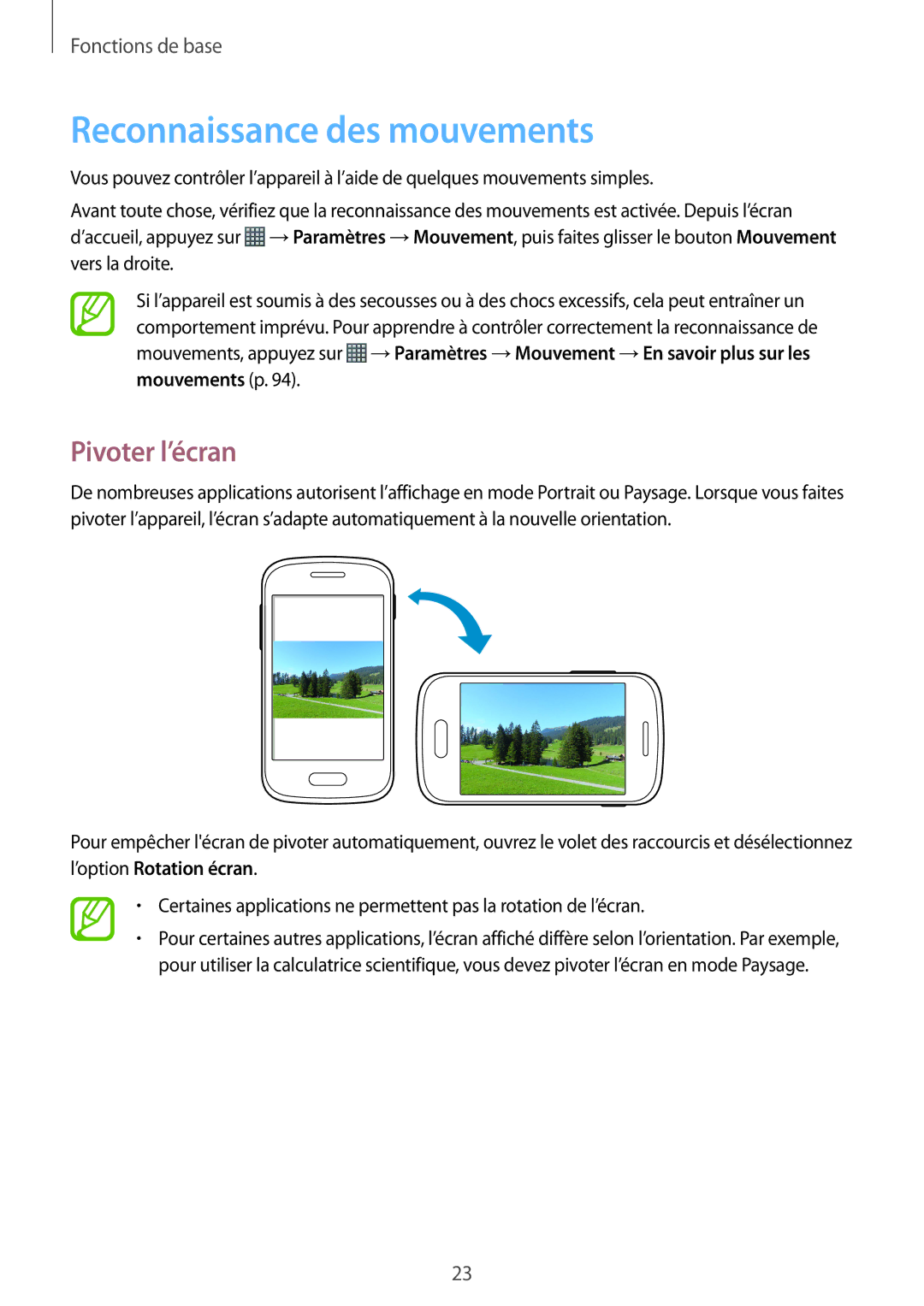 Samsung GT-S6310ZWNNRJ, GT-S6310DBNNRJ, GT-S6310ZWNXEF, GT-S6310DBNXEF manual Reconnaissance des mouvements, Pivoter l’écran 