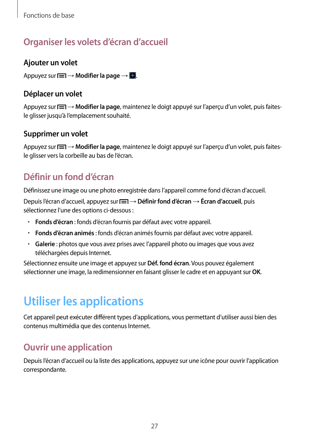 Samsung GT-S6310DBNXEF manual Utiliser les applications, Organiser les volets d’écran d’accueil, Définir un fond d’écran 