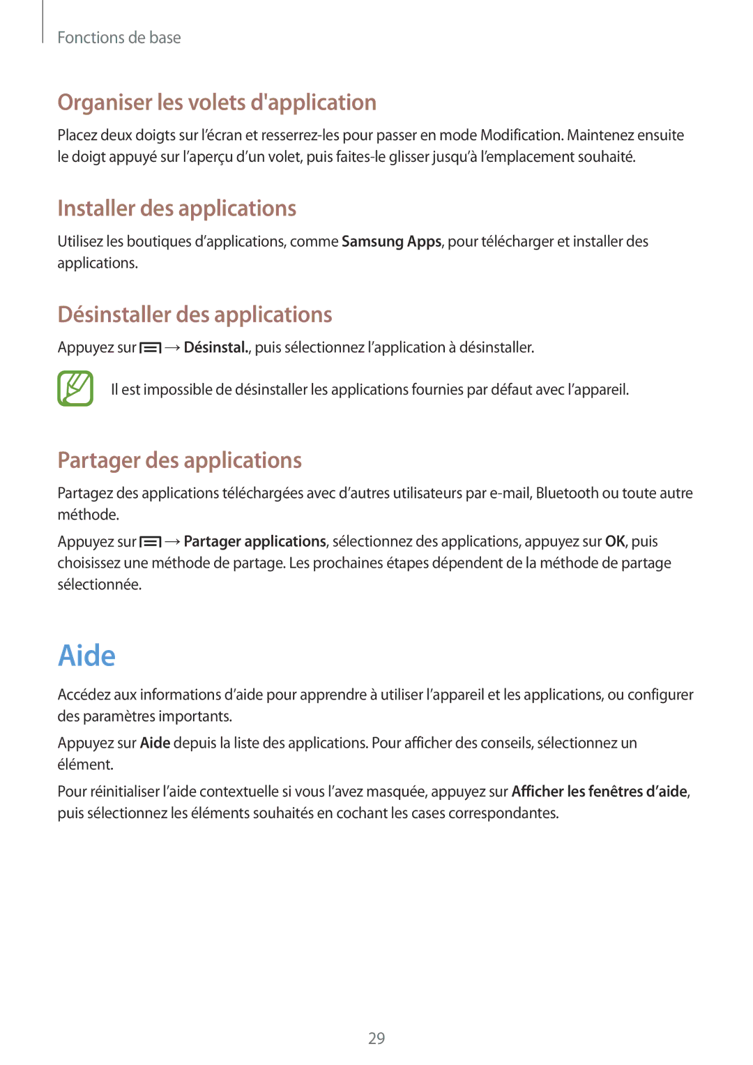 Samsung GT-S6310DBNFTM Aide, Organiser les volets dapplication, Installer des applications, Désinstaller des applications 