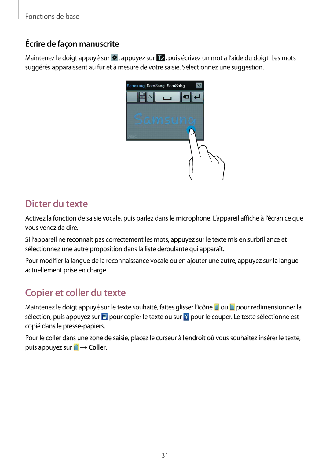 Samsung GT-S6310ZWNXEF, GT-S6310DBNNRJ manual Dicter du texte, Copier et coller du texte, Écrire de façon manuscrite 