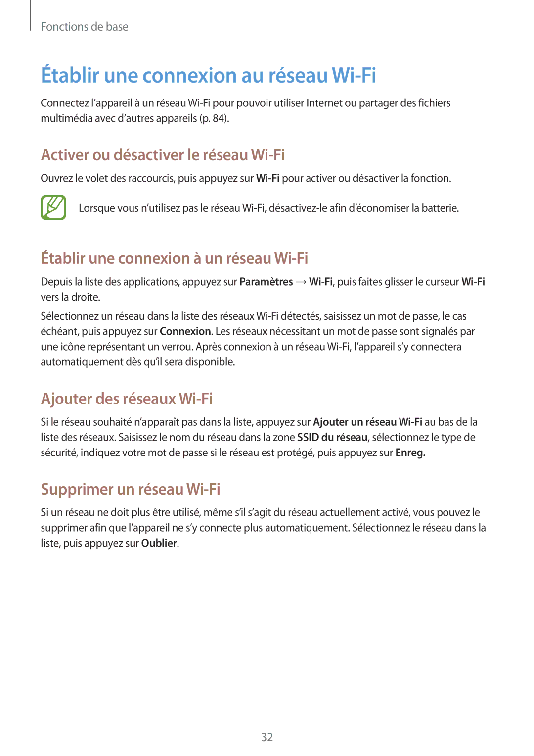 Samsung GT-S6310DBNXEF, GT-S6310DBNNRJ manual Établir une connexion au réseau Wi-Fi, Activer ou désactiver le réseau Wi-Fi 