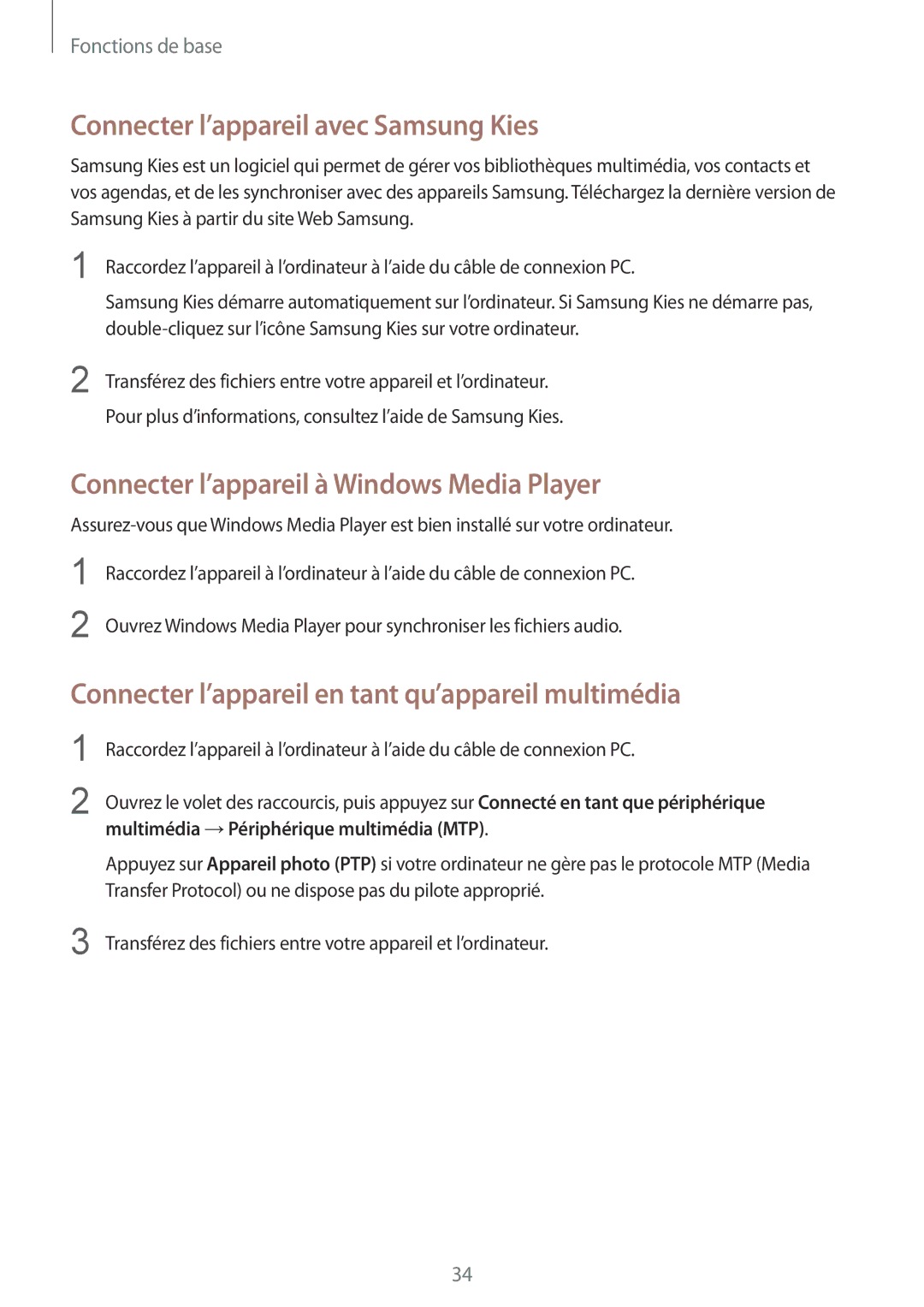 Samsung GT-S6310DBNFTM, GT-S6310DBNNRJ Connecter l’appareil avec Samsung Kies, Connecter l’appareil à Windows Media Player 