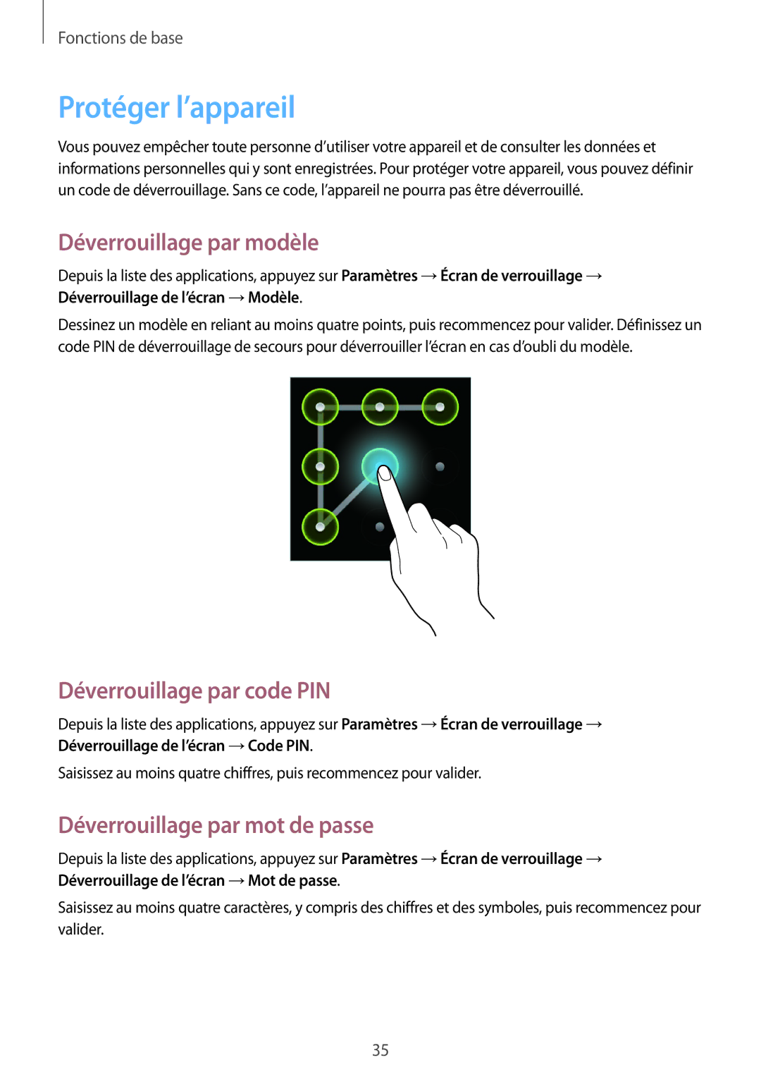Samsung GT-S6310DBNNRJ, GT-S6310ZWNXEF manual Protéger l’appareil, Déverrouillage par modèle, Déverrouillage par code PIN 