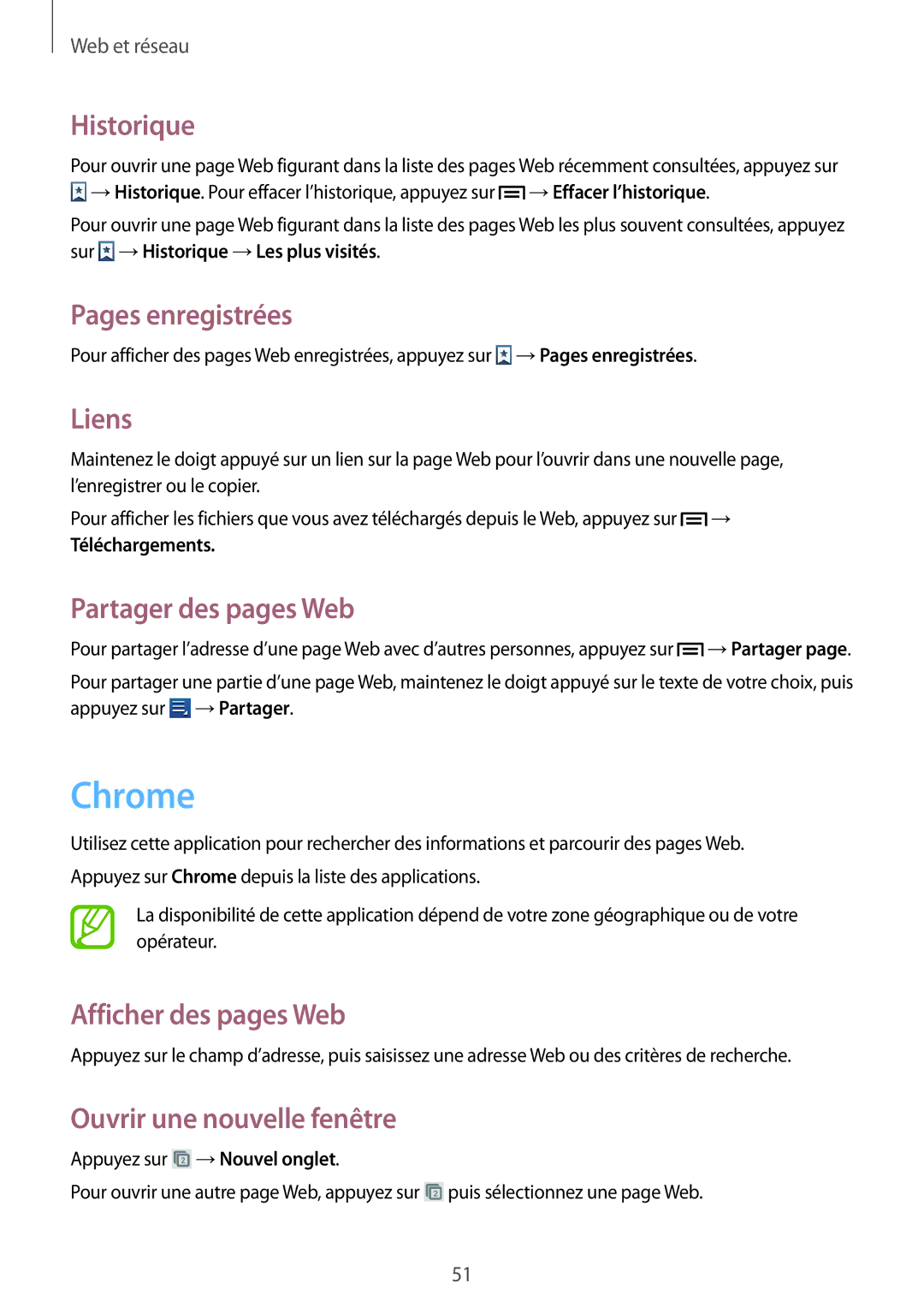Samsung GT-S6310ZWNXEF, GT-S6310DBNNRJ manual Chrome, Historique, Pages enregistrées, Liens, Partager des pages Web 