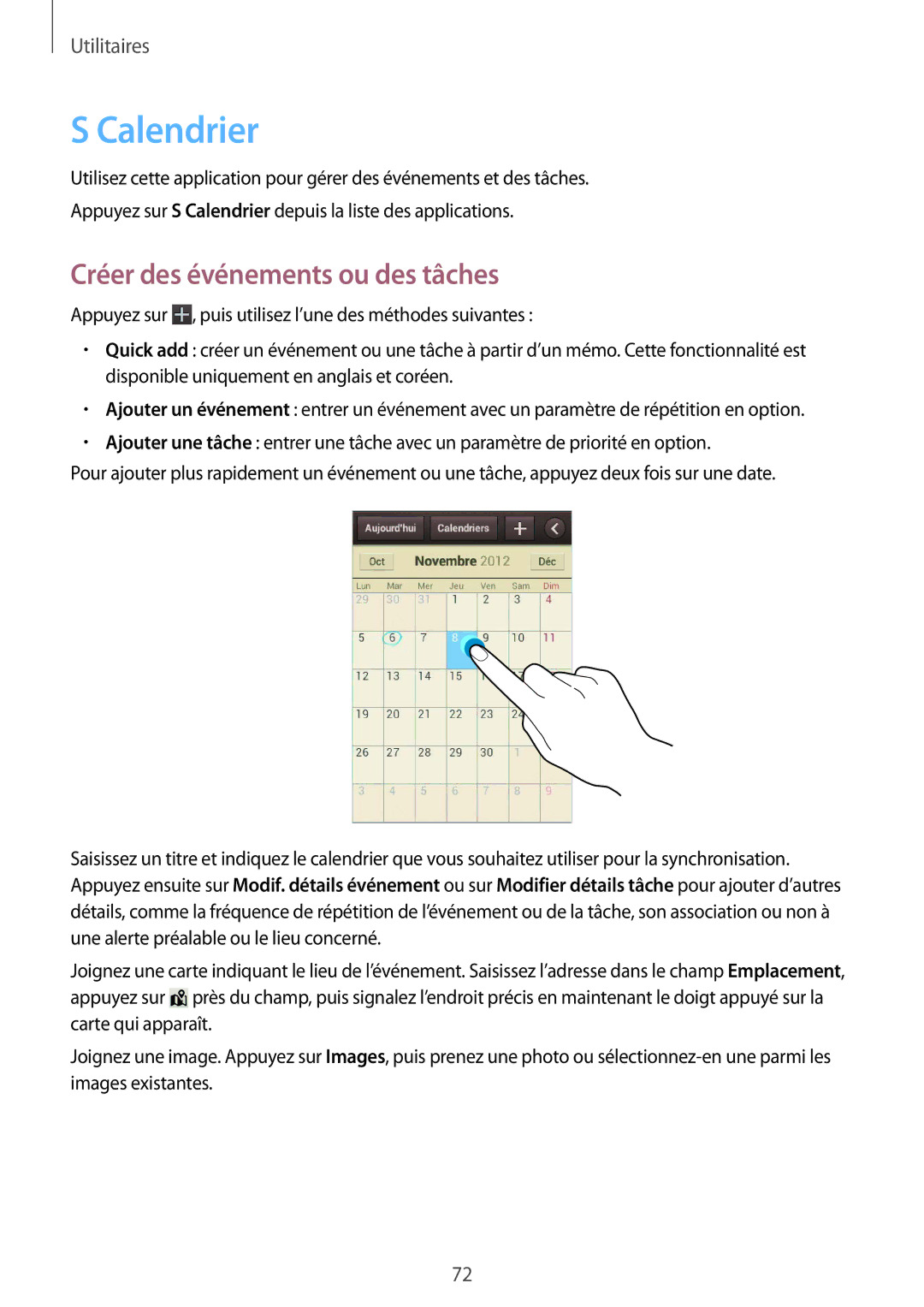 Samsung GT-S6310DBNXEF, GT-S6310DBNNRJ, GT-S6310ZWNXEF, GT-S6310ZWNNRJ manual Calendrier, Créer des événements ou des tâches 