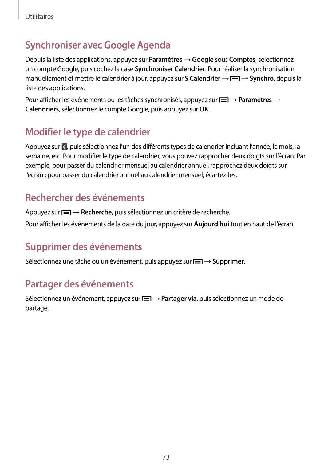 Samsung GT-S6310ZWNNRJ manual Synchroniser avec Google Agenda, Modifier le type de calendrier, Rechercher des événements 