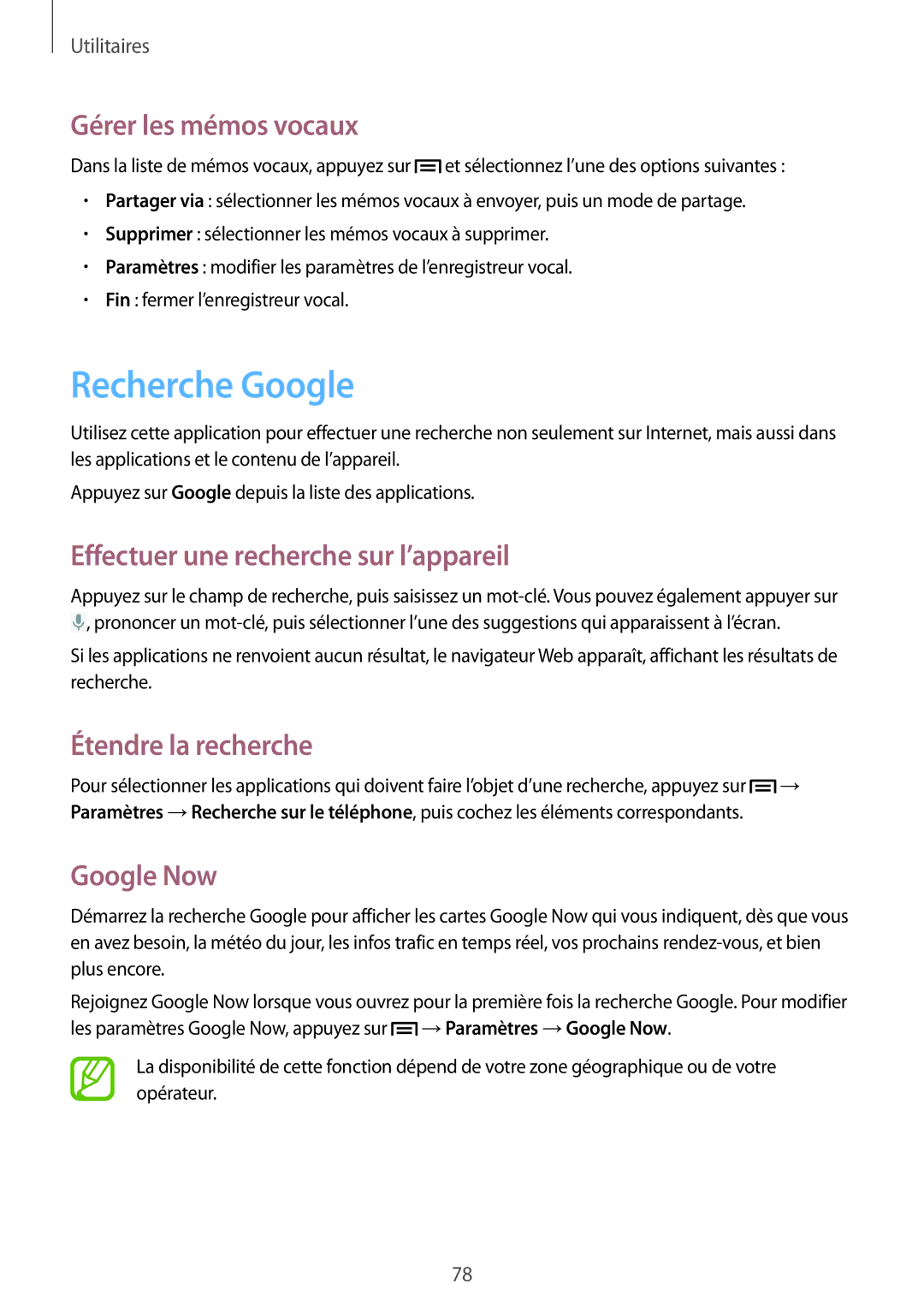 Samsung GT-S6310ZWNNRJ manual Recherche Google, Gérer les mémos vocaux, Effectuer une recherche sur l’appareil, Google Now 