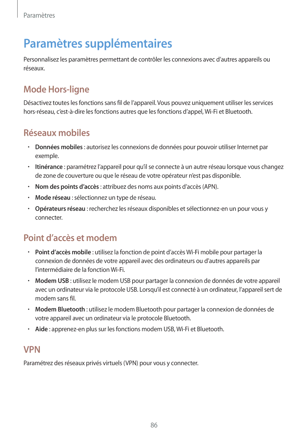 Samsung GT-S6310ZWNXEF manual Paramètres supplémentaires, Mode Hors-ligne, Réseaux mobiles, Point d’accès et modem 